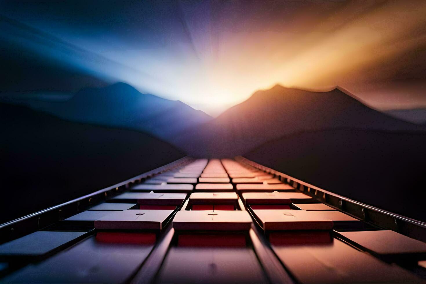 a long train track with a bright sun shining in the background. AI-Generated photo