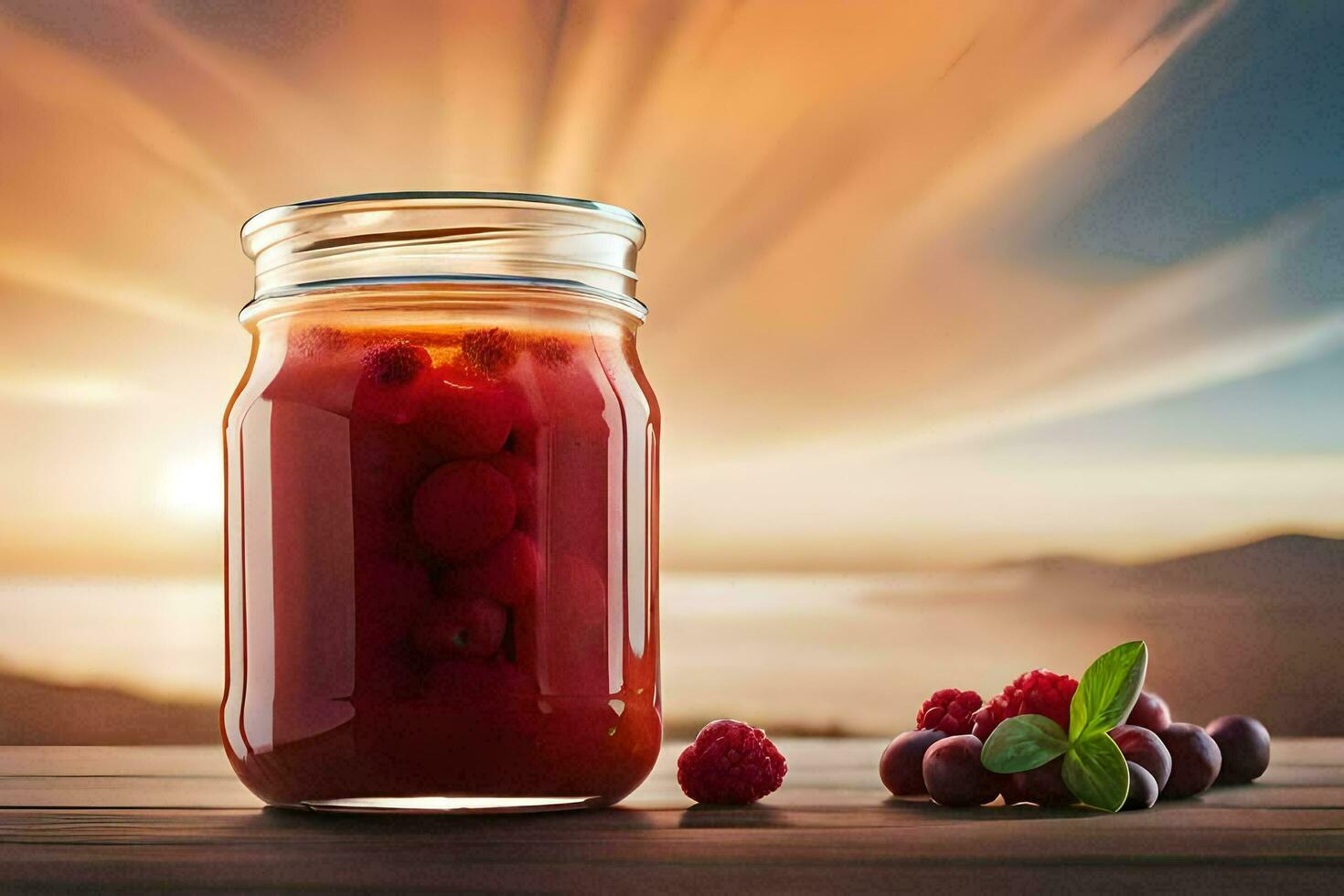 a jar of raspberry jam with berries on a wooden table. AI-Generated photo