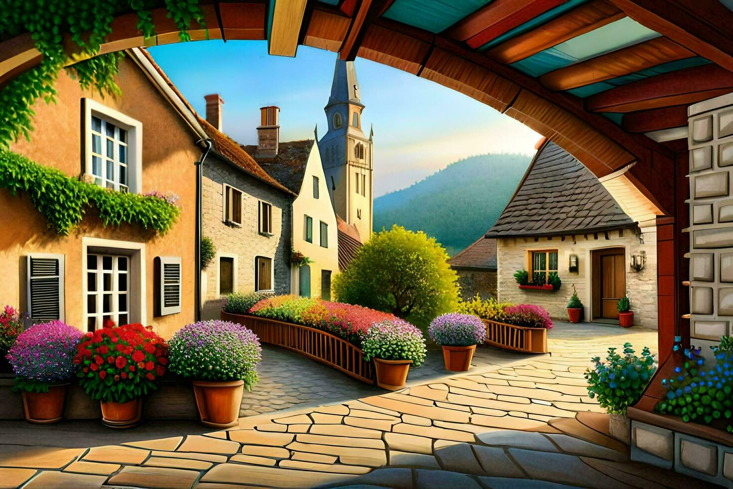 a painting of a village street with flowers and plants. AI-Generated photo