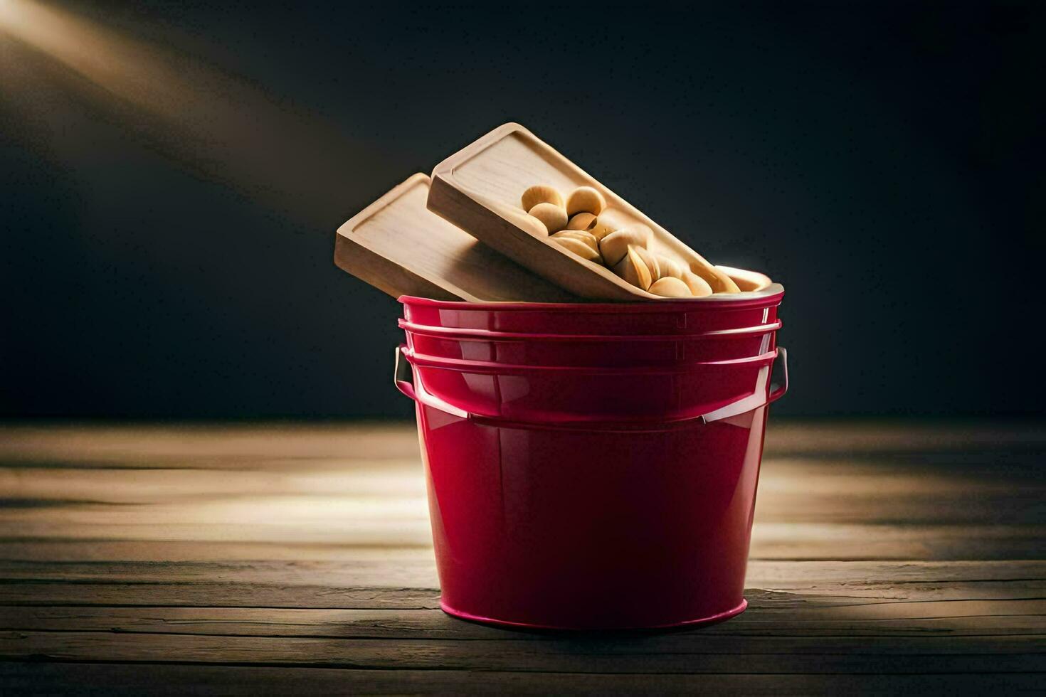 a red bucket filled with peanuts and a wooden block. AI-Generated photo