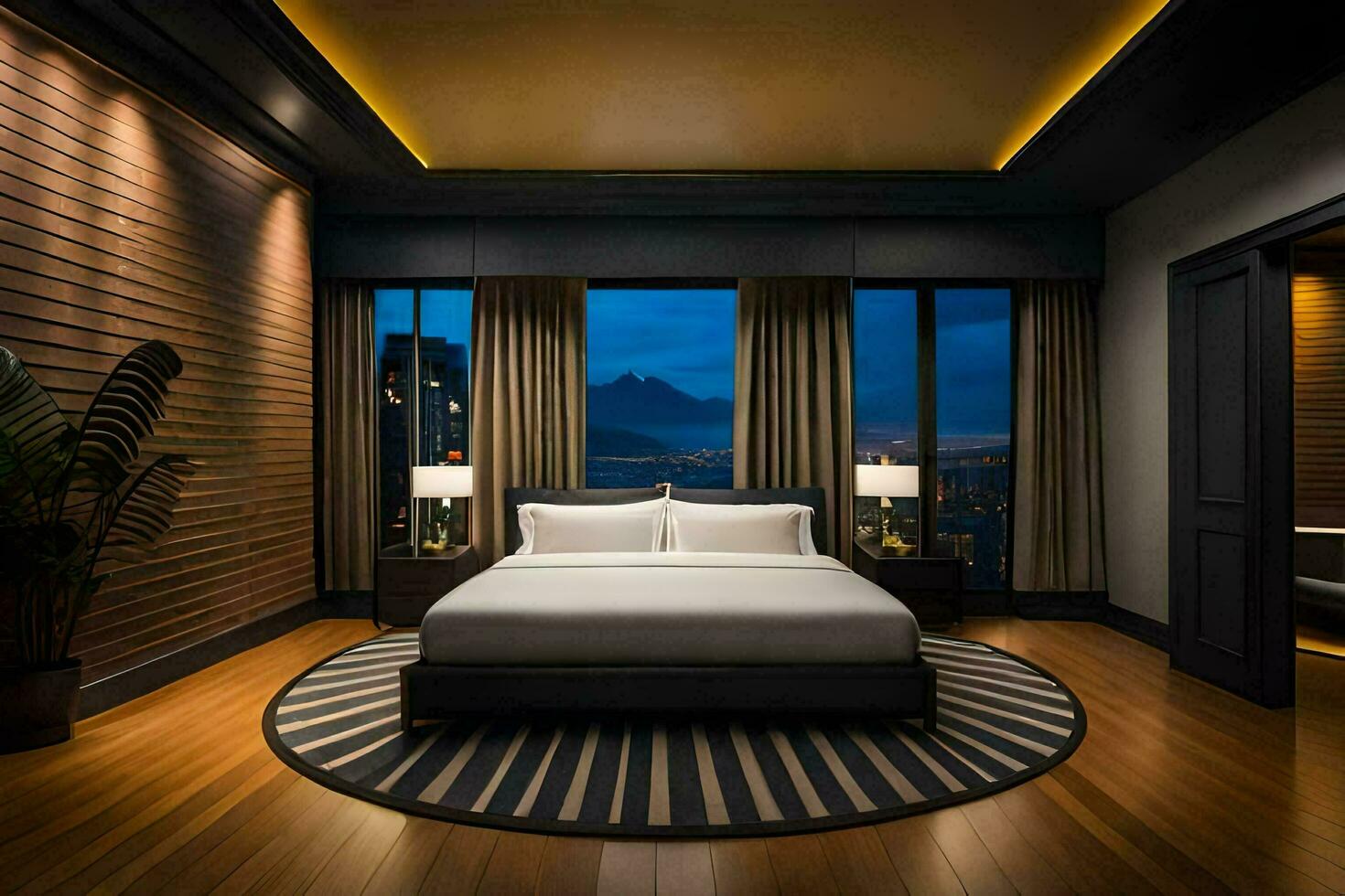 un dormitorio con un grande cama y de madera pisos generado por ai foto