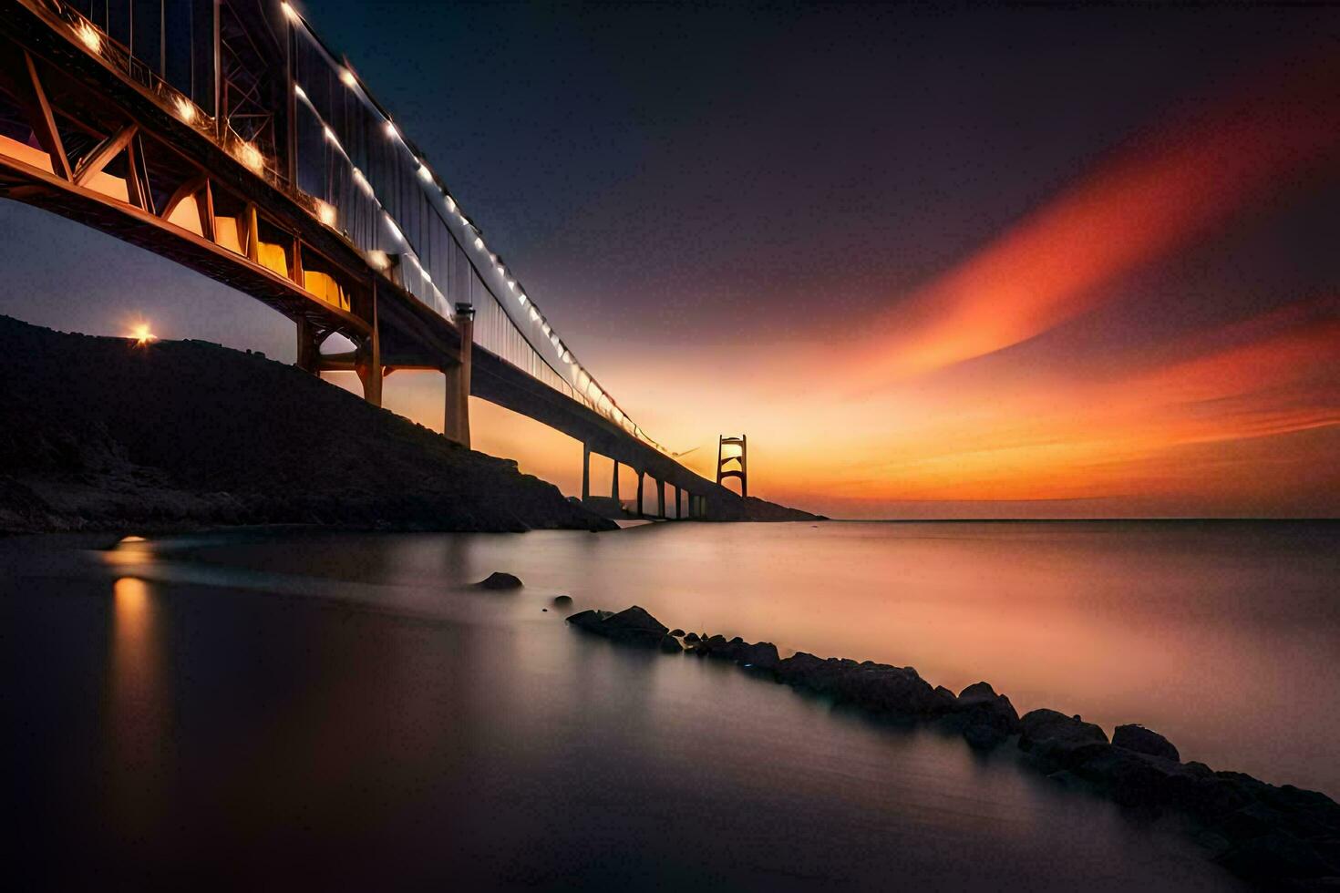 el dorado portón puente a puesta de sol. generado por ai foto