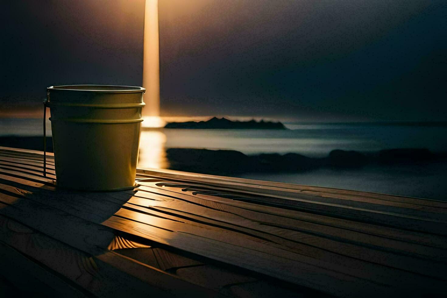 a bucket sitting on a wooden dock at sunset. AI-Generated photo