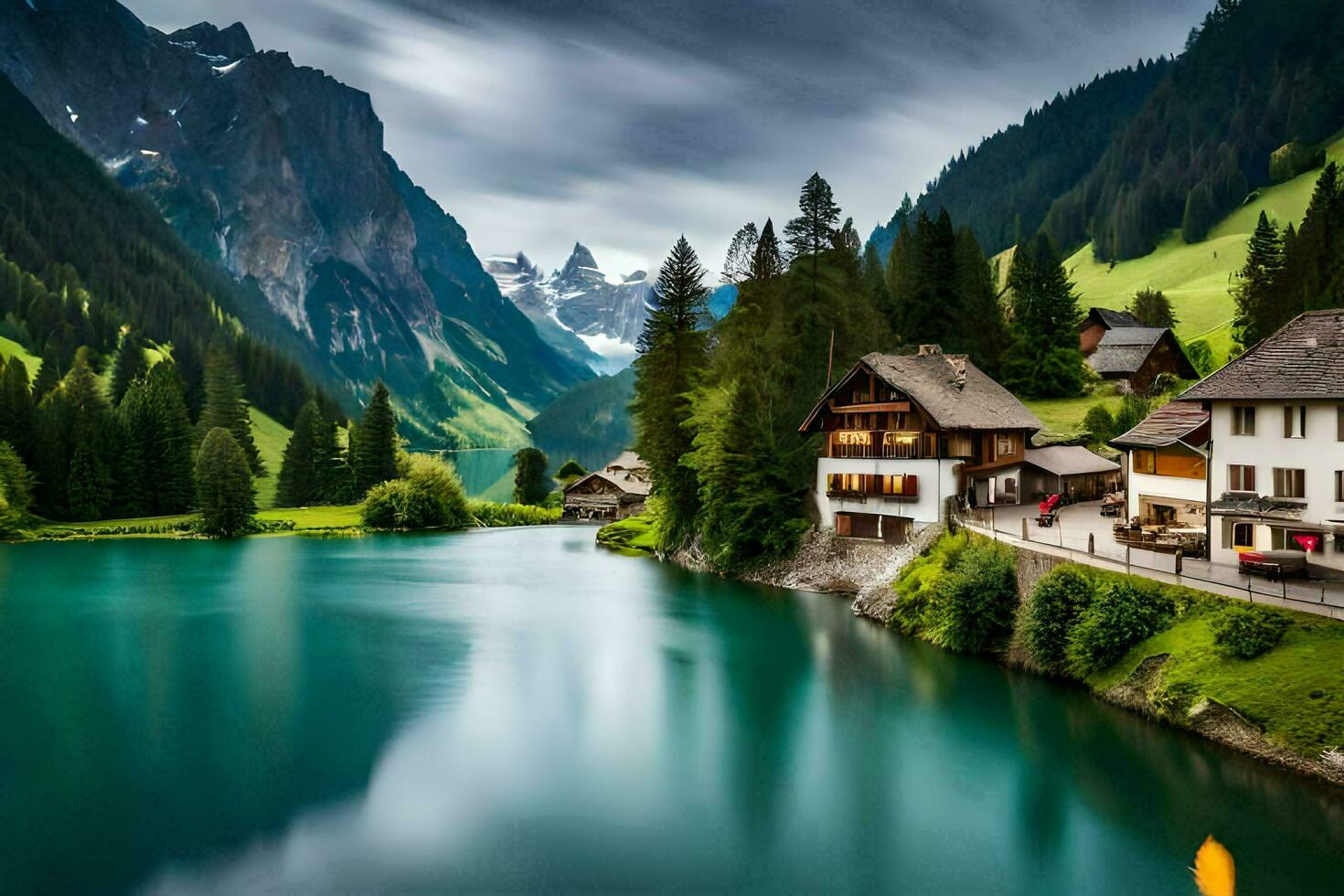 the house on the lake in the alps. AI-Generated photo