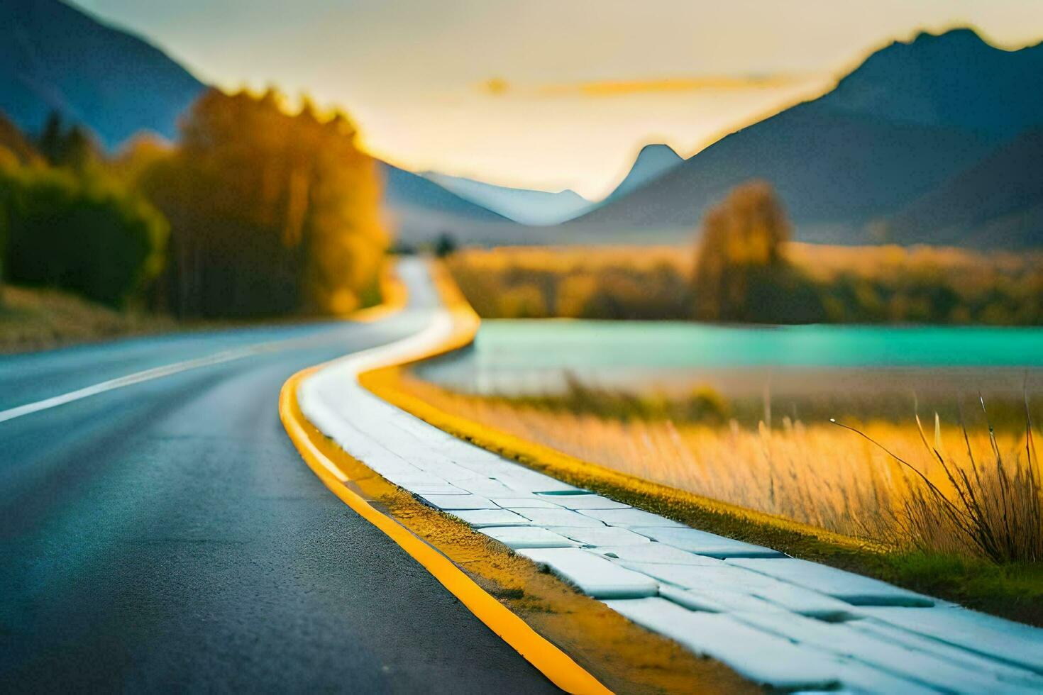 a road in the mountains with a sunset in the background. AI-Generated photo