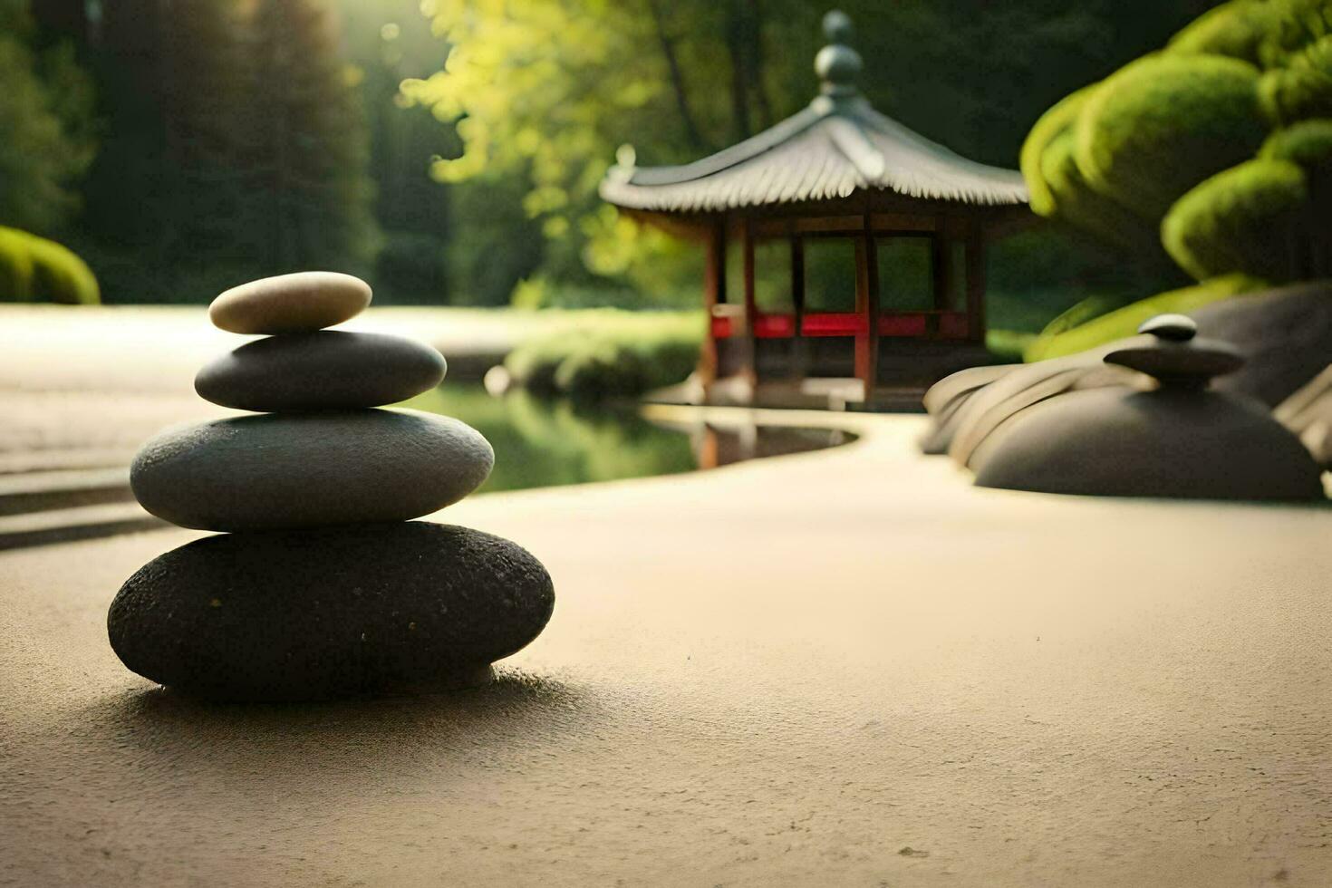 a stack of stones in front of a pagoda. AI-Generated photo