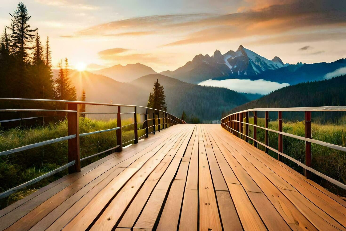 a wooden bridge leads to a mountain range at sunset. AI-Generated photo
