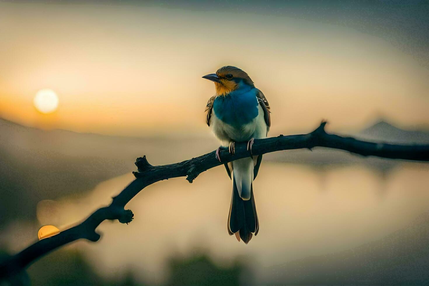 a bird sitting on a branch in front of a lake. AI-Generated photo