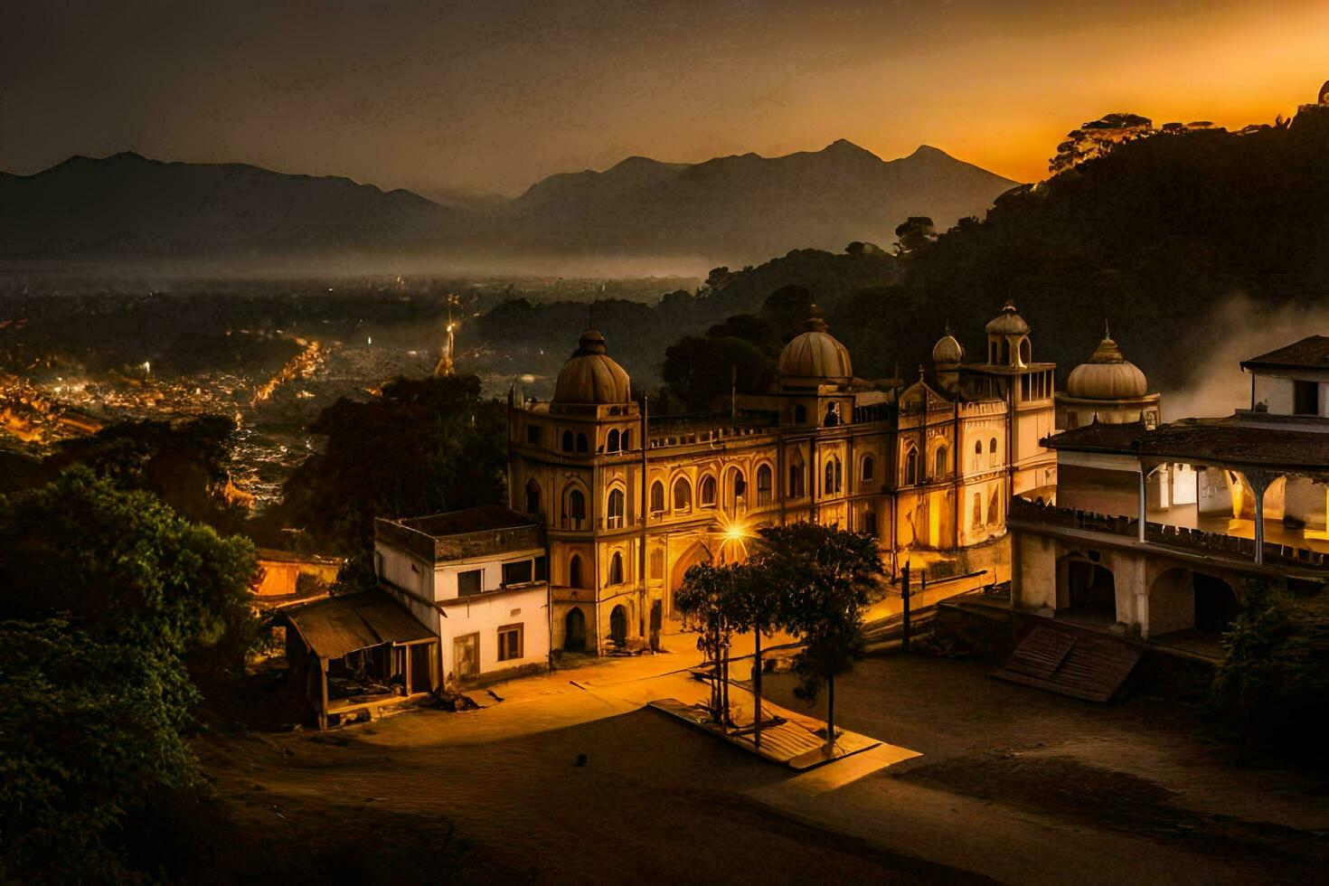 a beautiful sunset over a town in india. AI-Generated photo