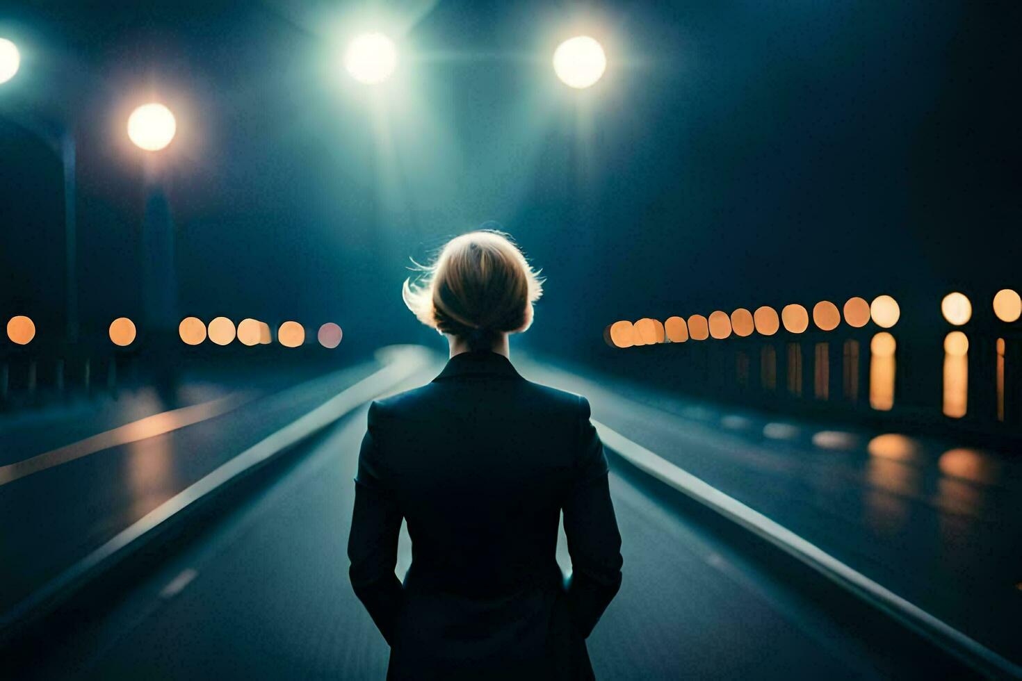 a woman in a suit stands on a road at night. AI-Generated photo