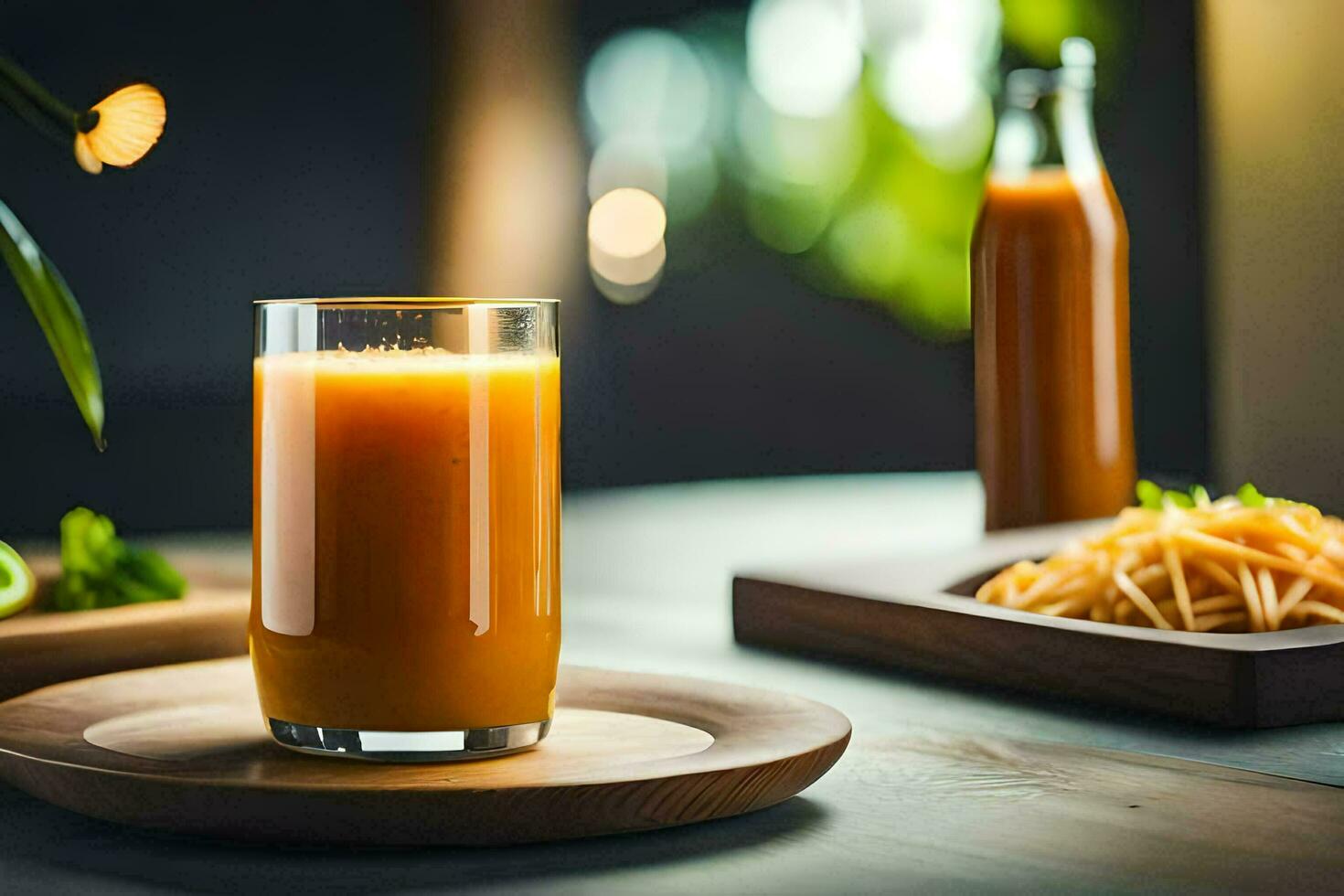 a glass of orange juice on a wooden table. AI-Generated photo