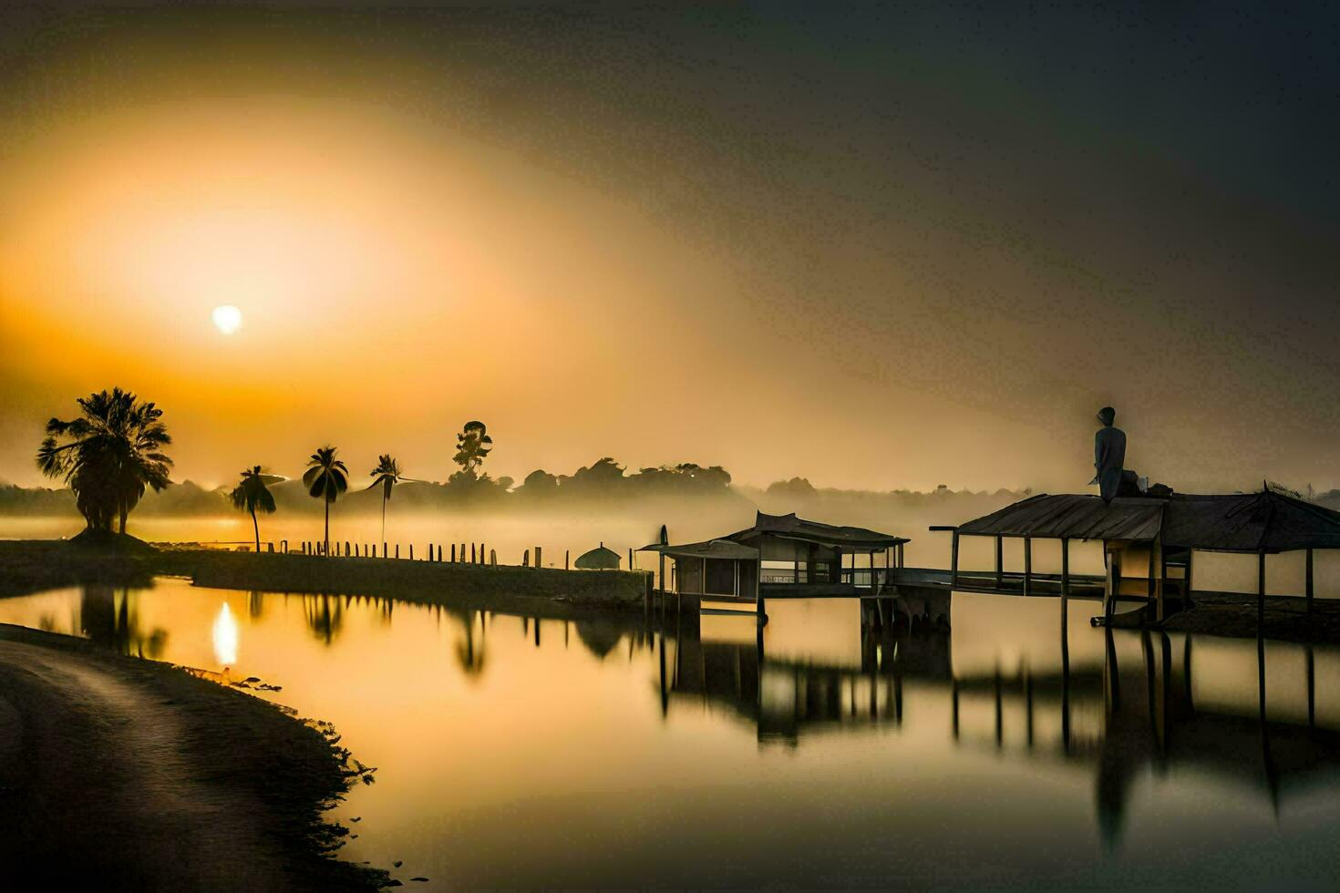 the sun rises over a lake with a dock and palm trees. AI-Generated photo