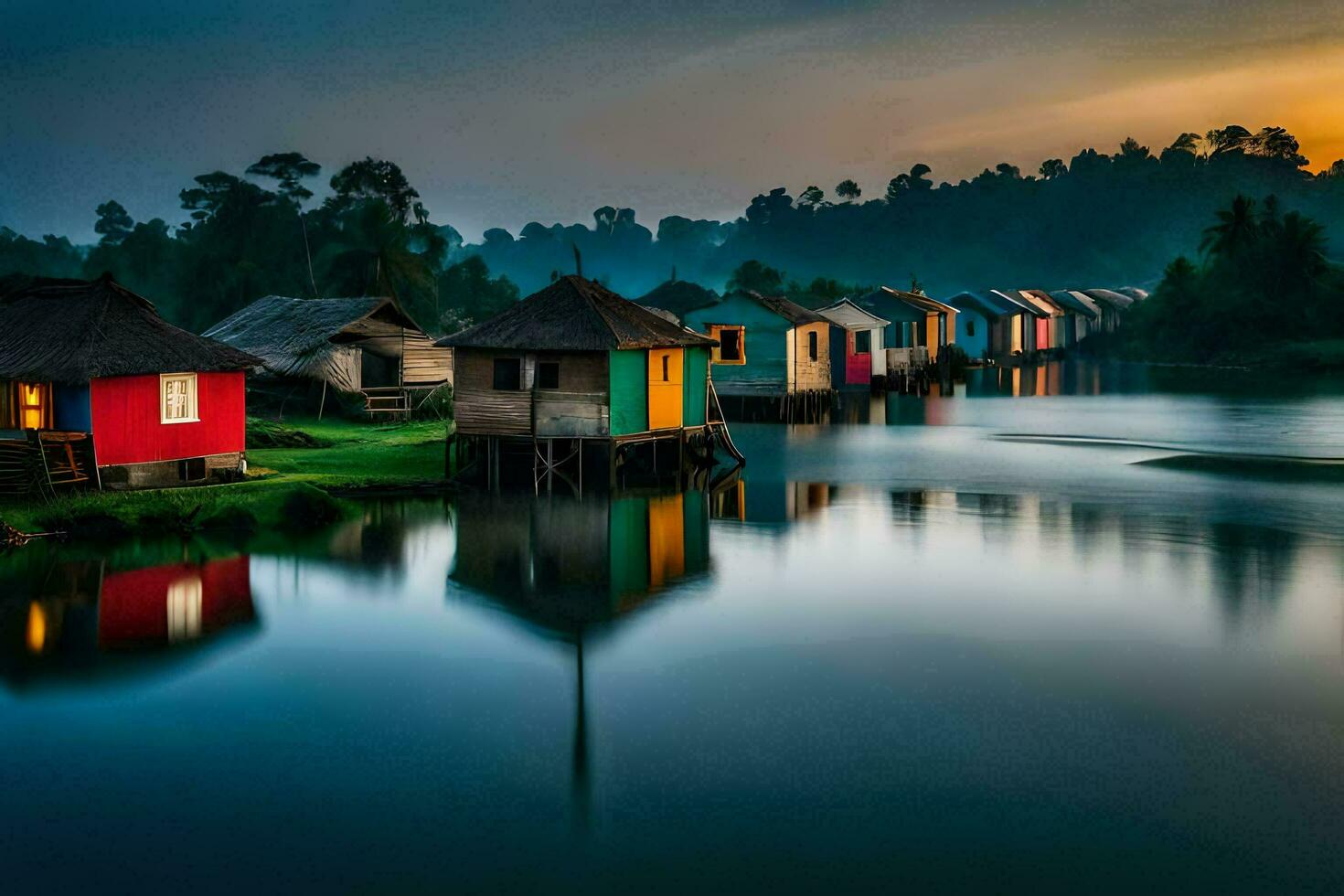 a river with colorful houses in the background. AI-Generated photo