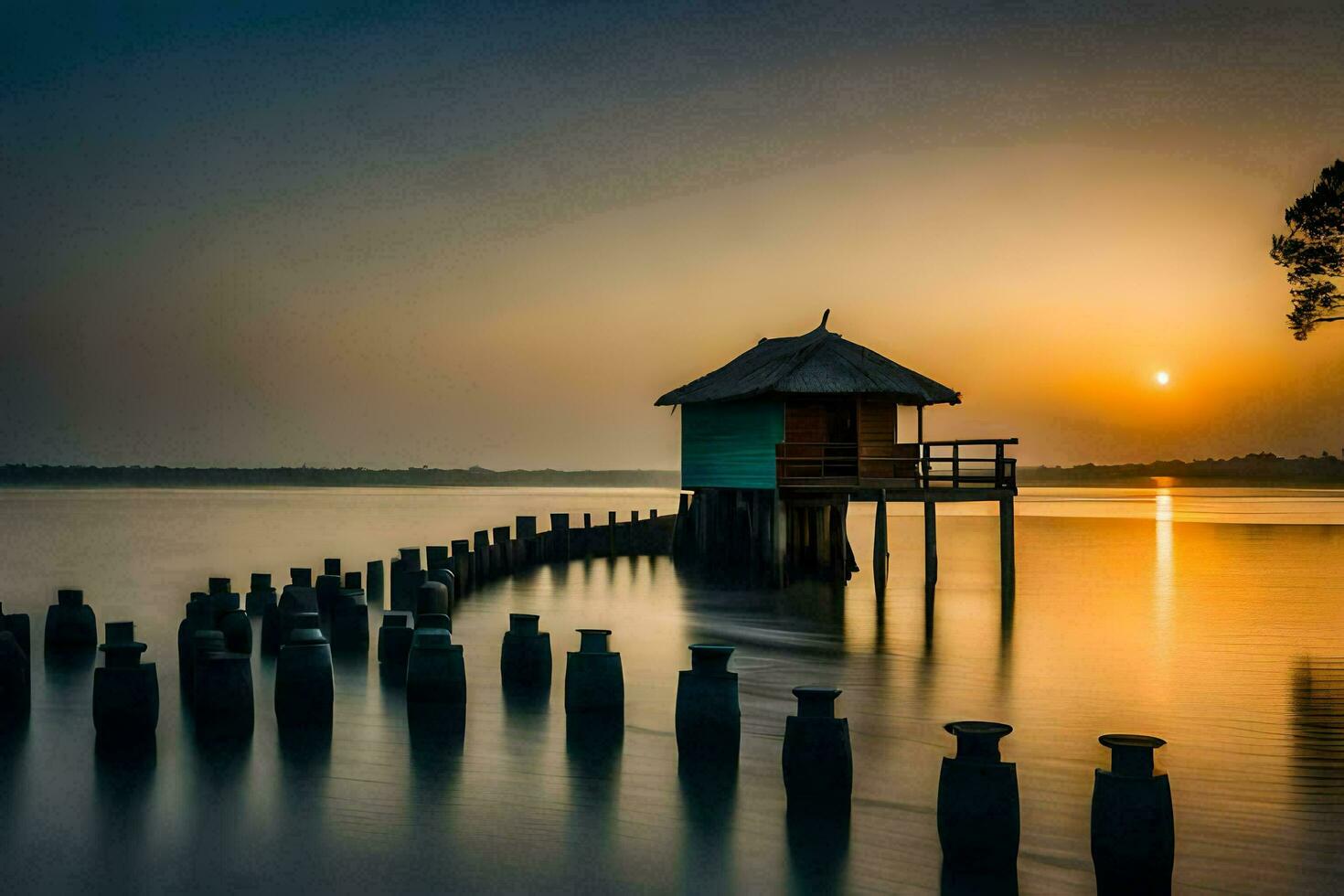 a small hut sits on the shore of a lake at sunset. AI-Generated photo