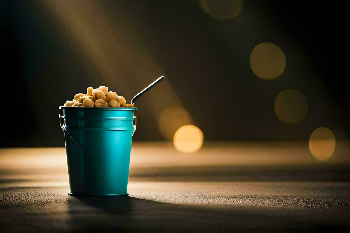 a bucket of popcorn on a table with a spoon. AI-Generated photo