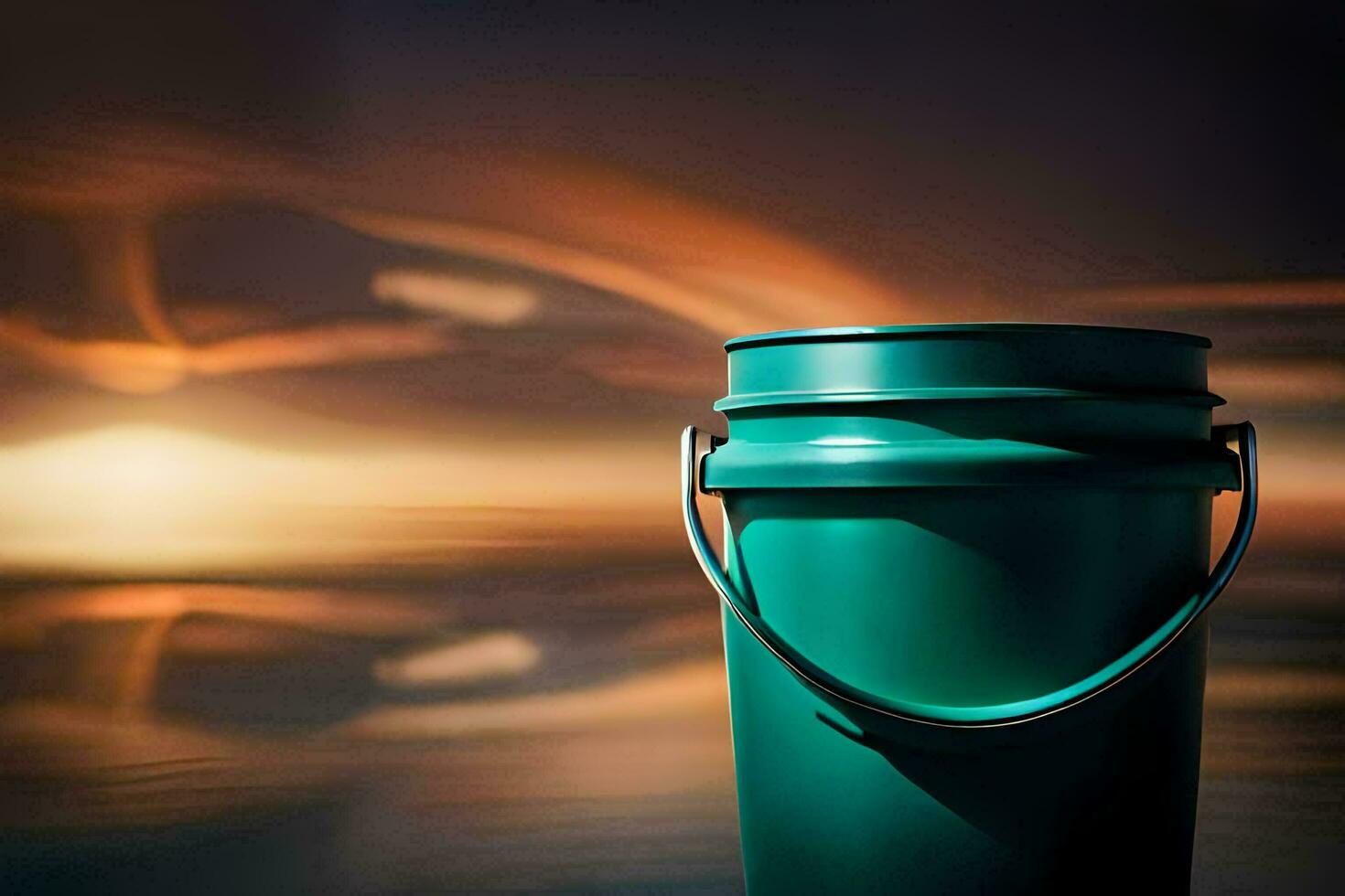 a green bucket sitting on the water with a sunset in the background. AI-Generated photo