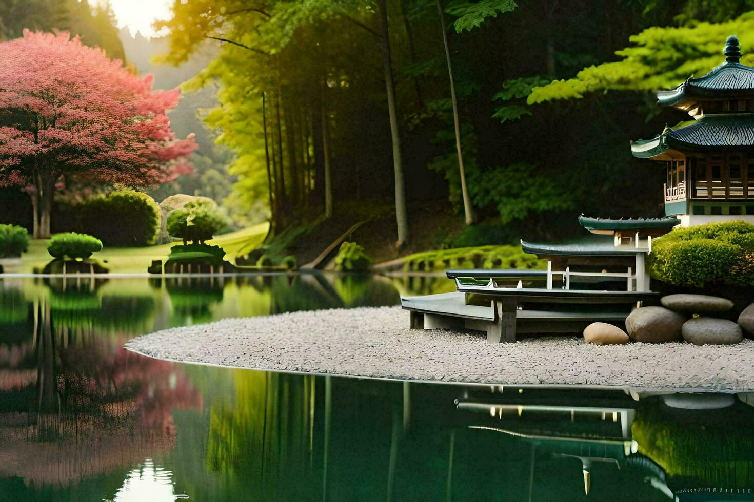 a japanese garden with a pond and a pagoda. AI-Generated photo