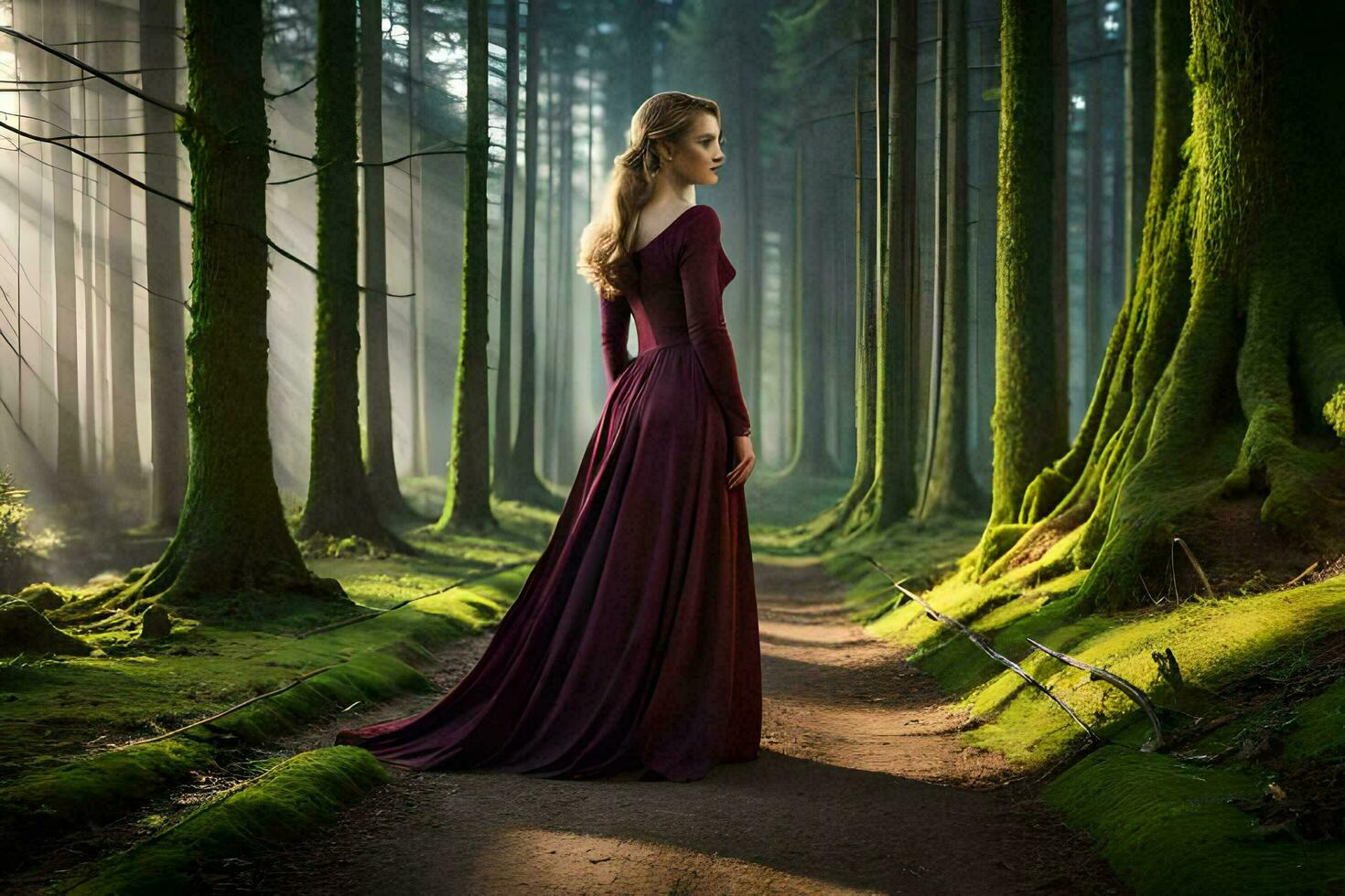 un mujer en un largo vestir en pie en el medio de un bosque. generado por ai foto
