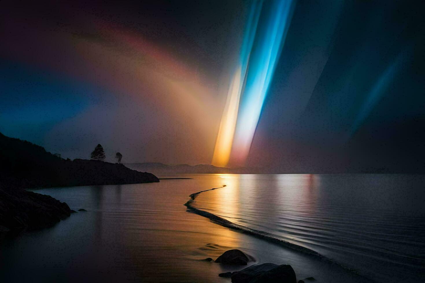 a rainbow light shines over the water. AI-Generated photo