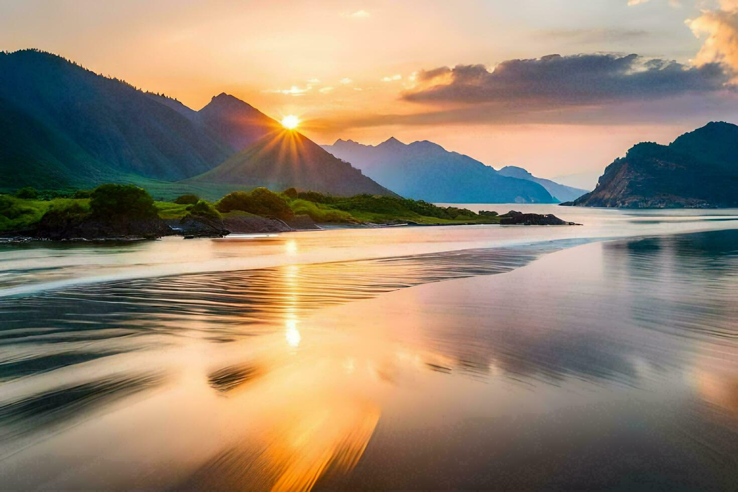 the sun rises over a mountain range and a river. AI-Generated photo