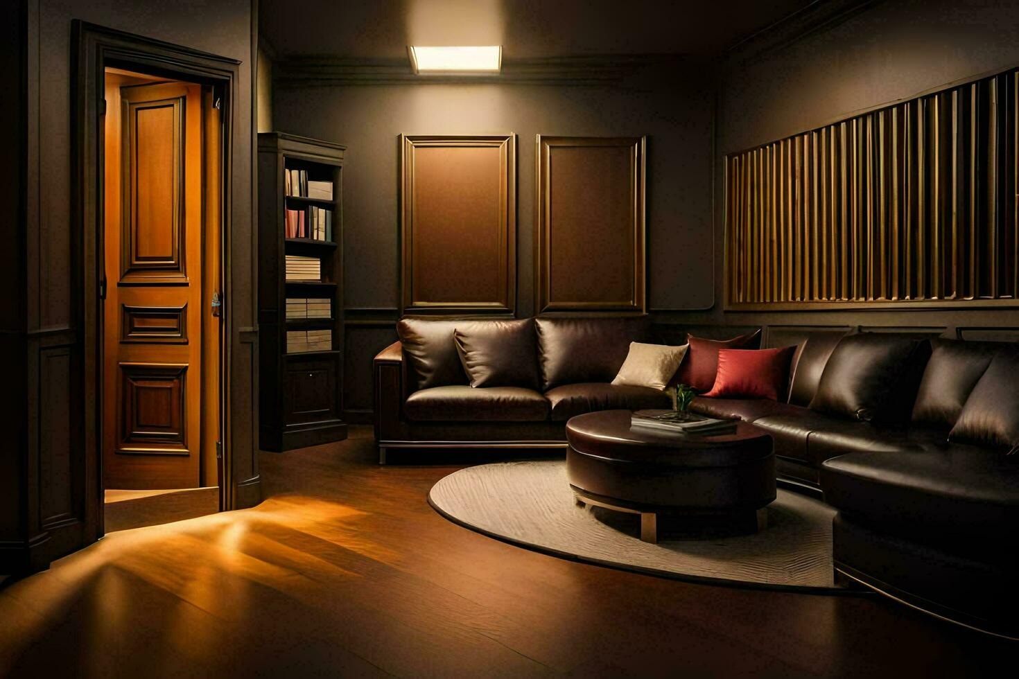 a room with a leather couch and a wooden door. AI-Generated photo