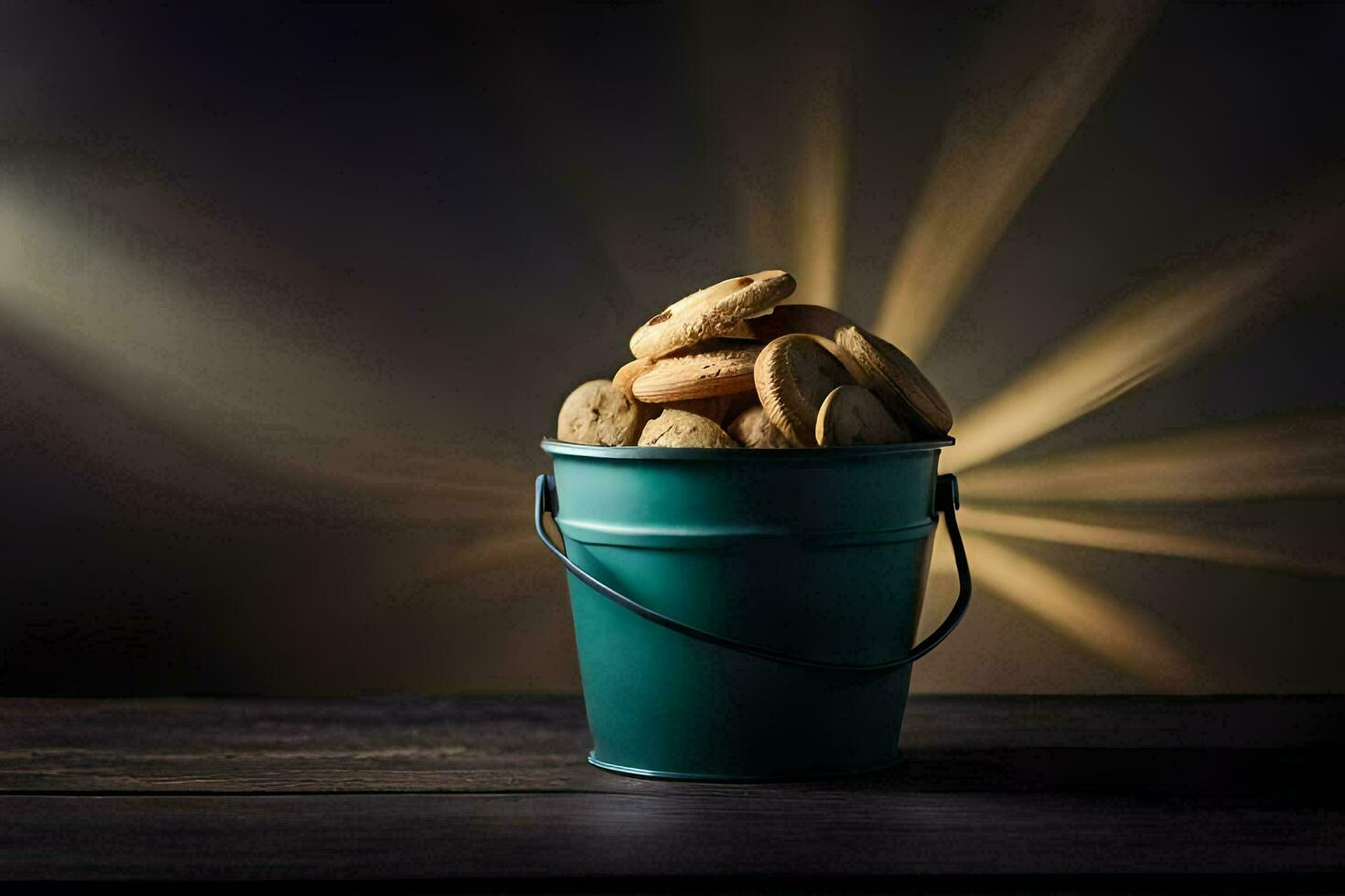 a bucket filled with cookies on a wooden table. AI-Generated photo