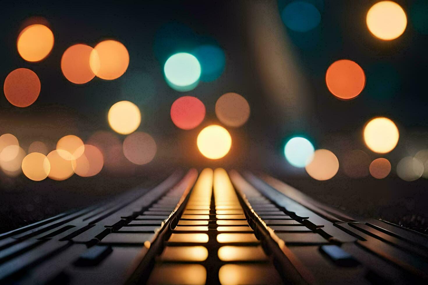 a close up of a keyboard with lights in the background. AI-Generated photo