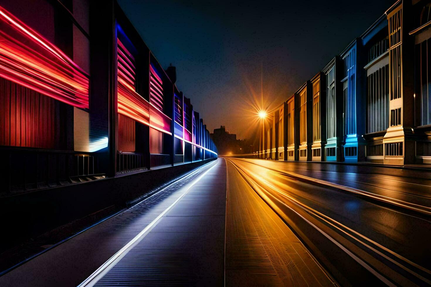 a long exposure photograph of a train track at night. AI-Generated photo