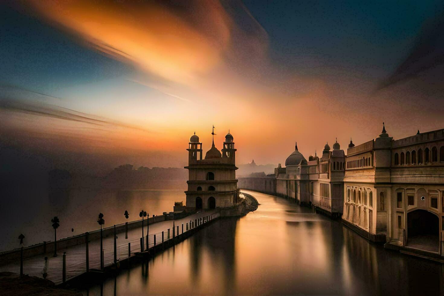 the sun rises over the water in front of a palace. AI-Generated photo