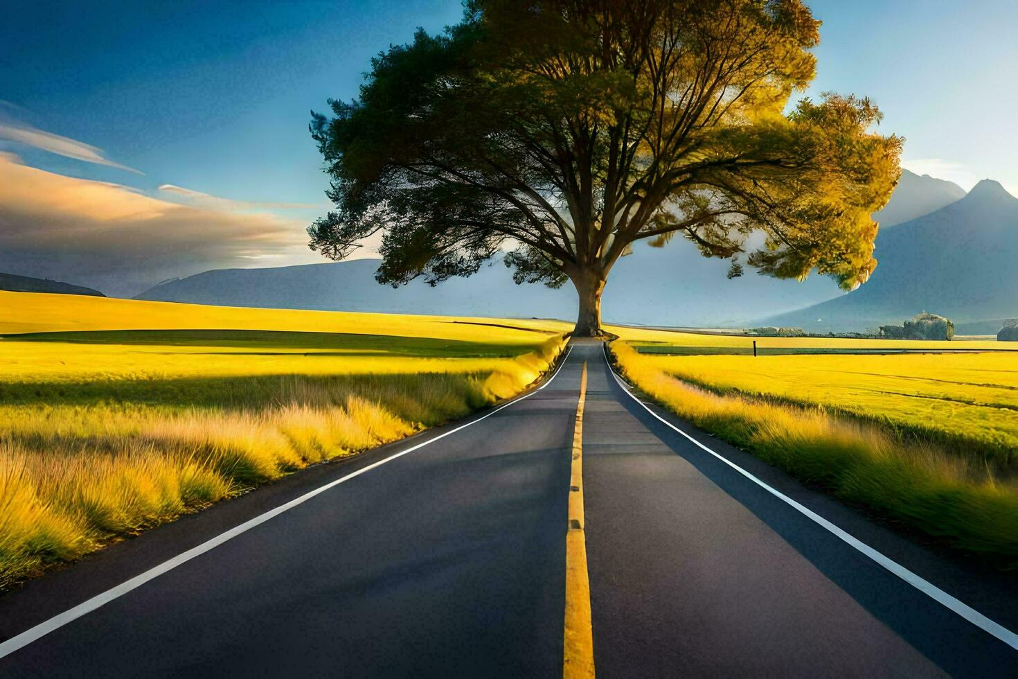 un árbol en el la carretera. generado por ai foto