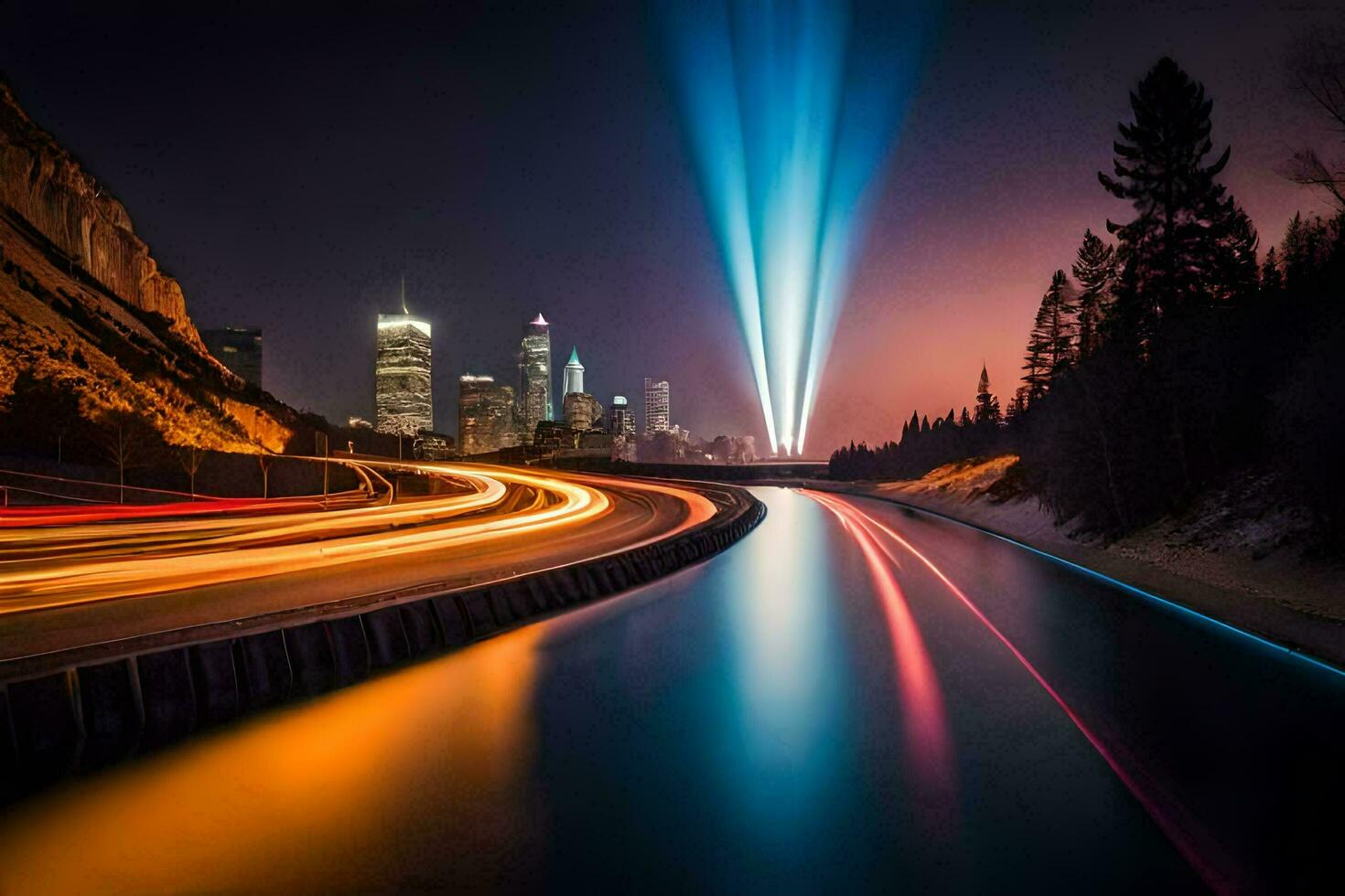 a long exposure photo of a city skyline with lights. AI-Generated