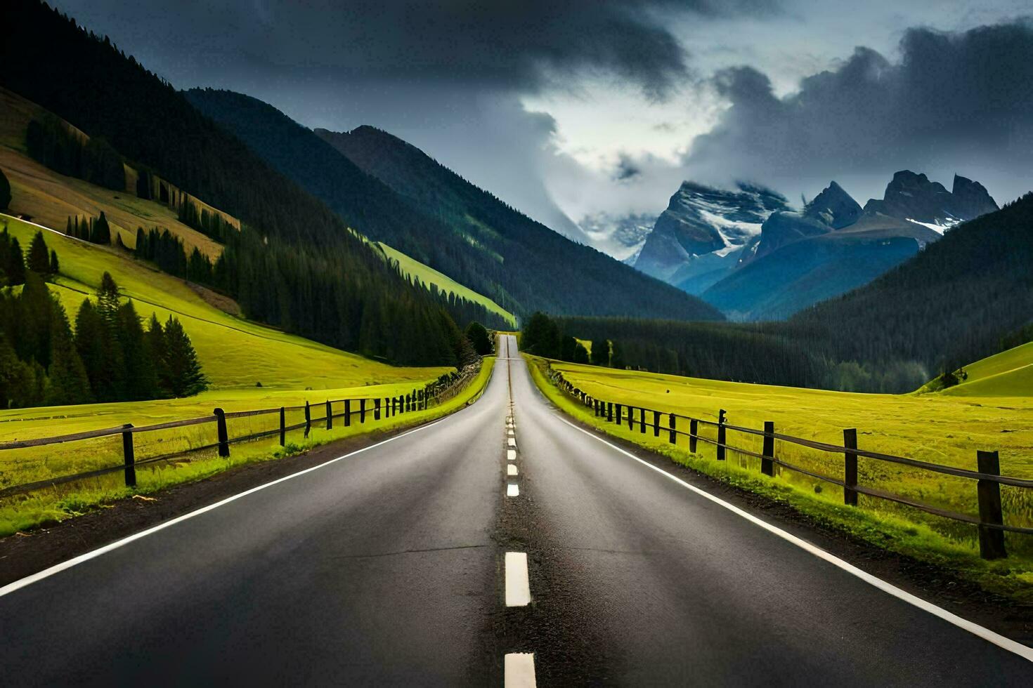 a long road with mountains in the background. AI-Generated photo