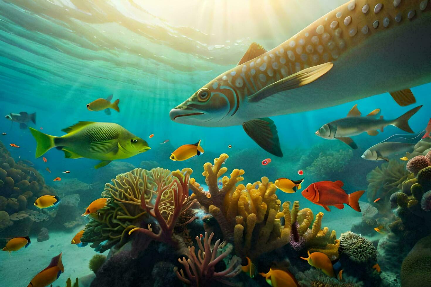 fish swimming in the ocean with coral reefs. AI-Generated photo