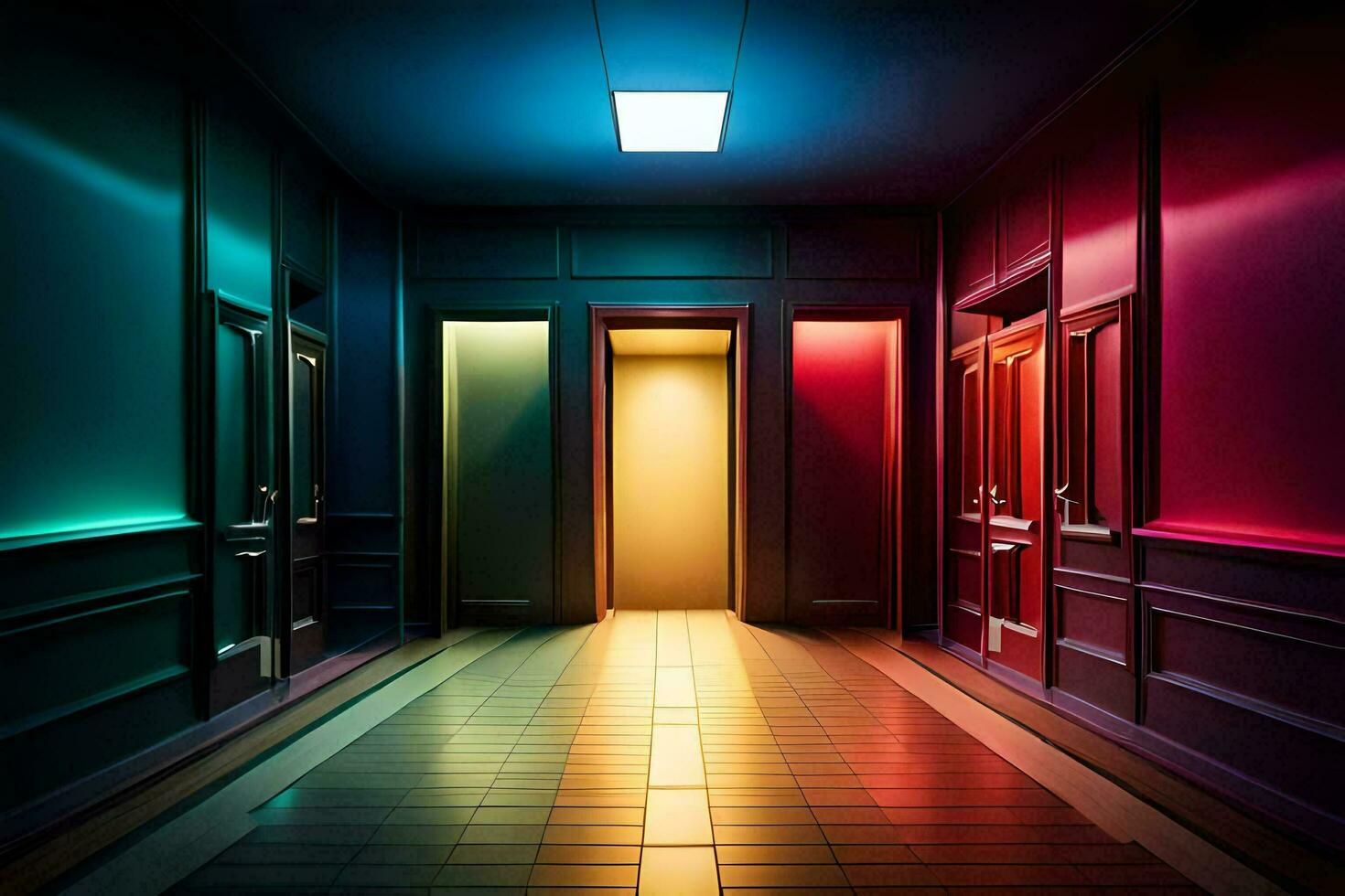 a hallway with colorful lights and doors. AI-Generated photo