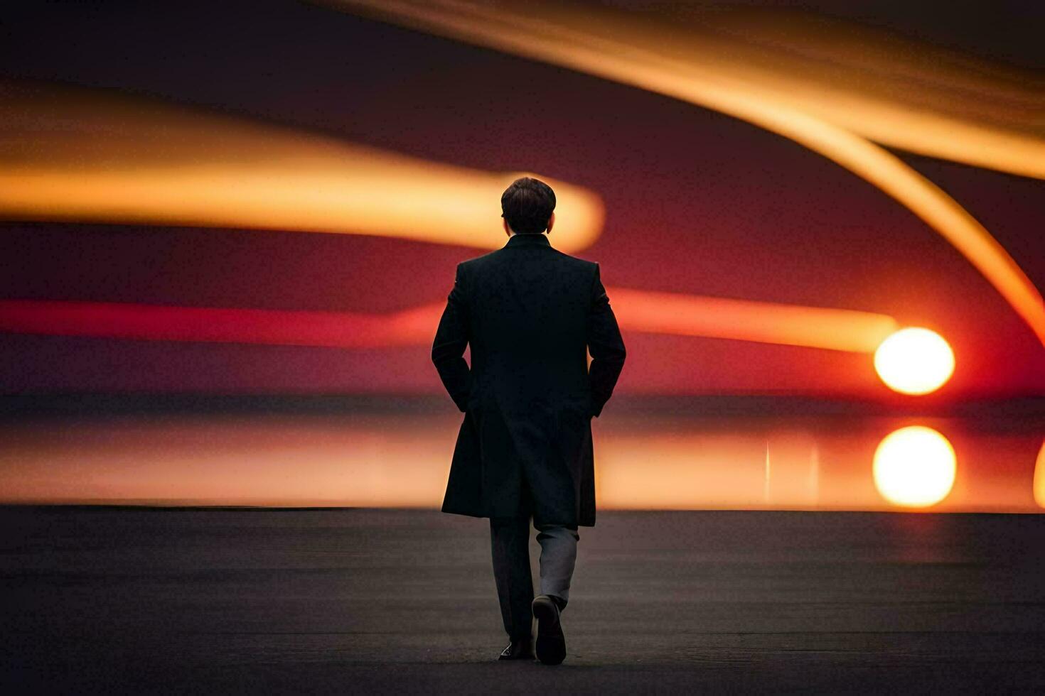 a man in a suit walks across a runway at sunset. AI-Generated photo