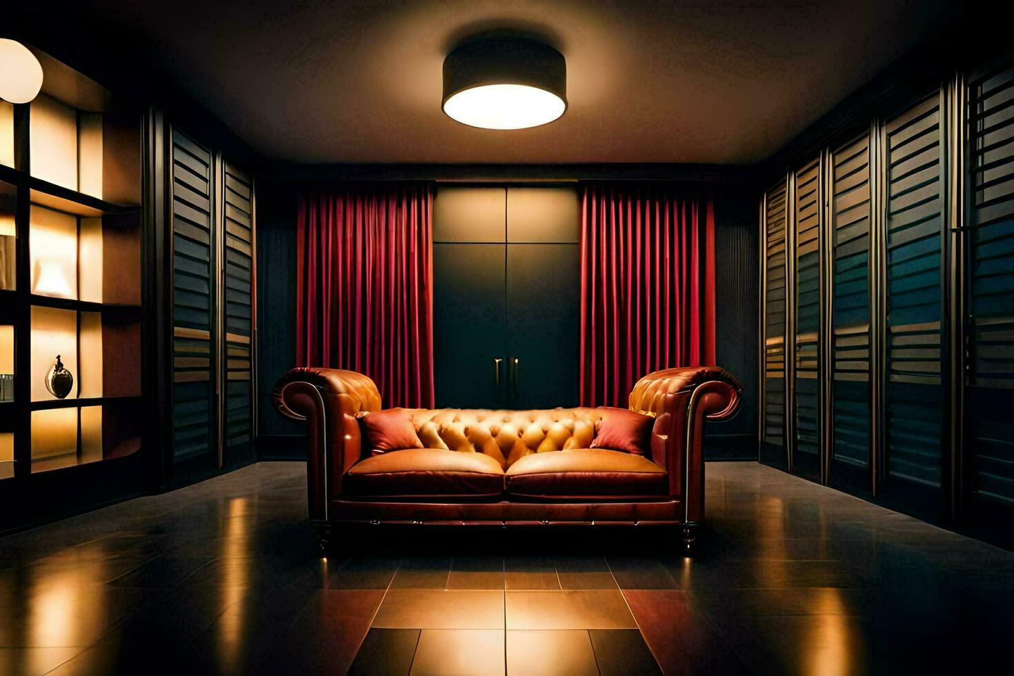 a leather couch in a dark room. AI-Generated photo