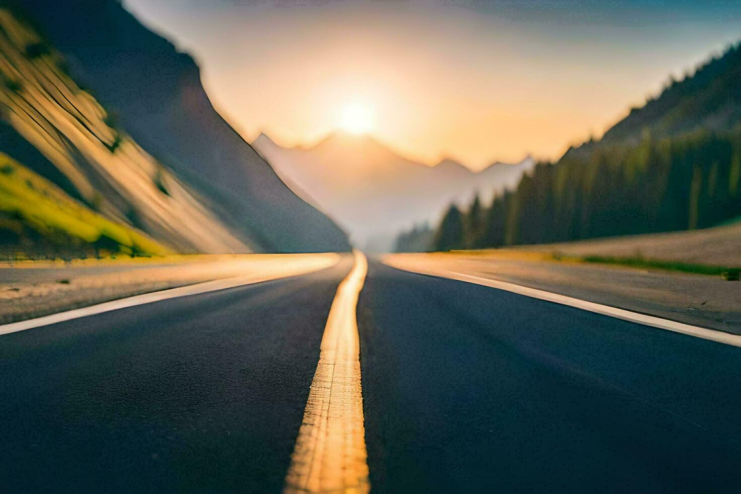 a road with the sun setting behind it. AI-Generated photo