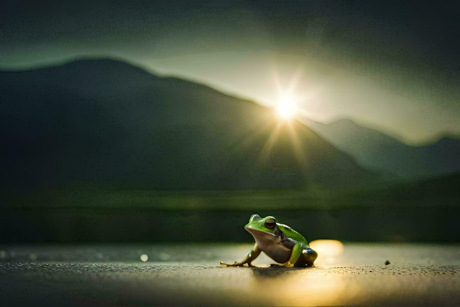 a frog sitting on the ground in front of a mountain. AI-Generated photo