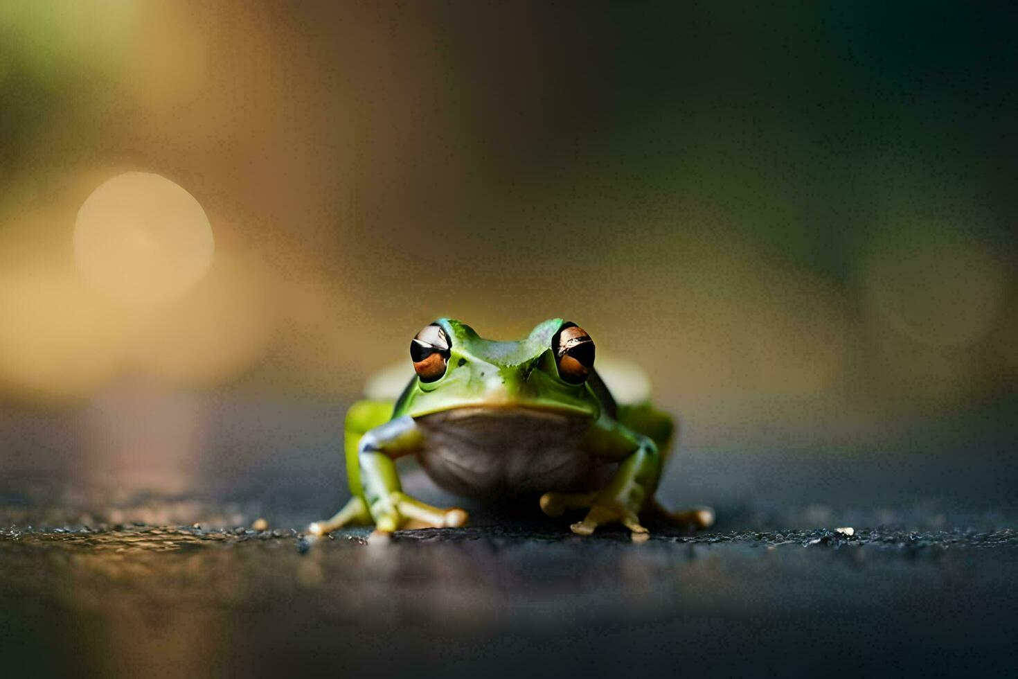 a frog sitting on the ground with a blurry background. AI-Generated photo