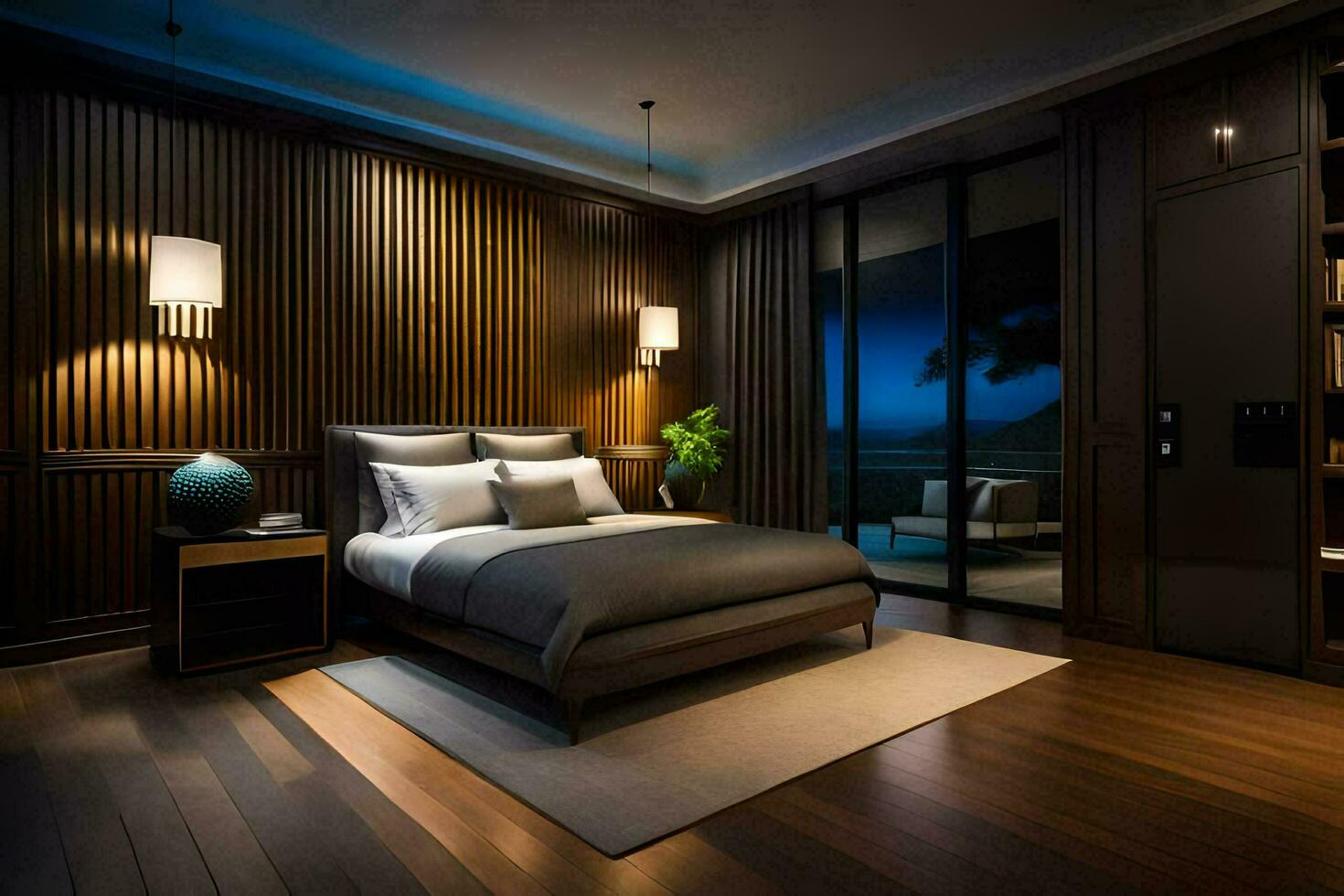 a bedroom with wooden paneling and a bed. AI-Generated photo
