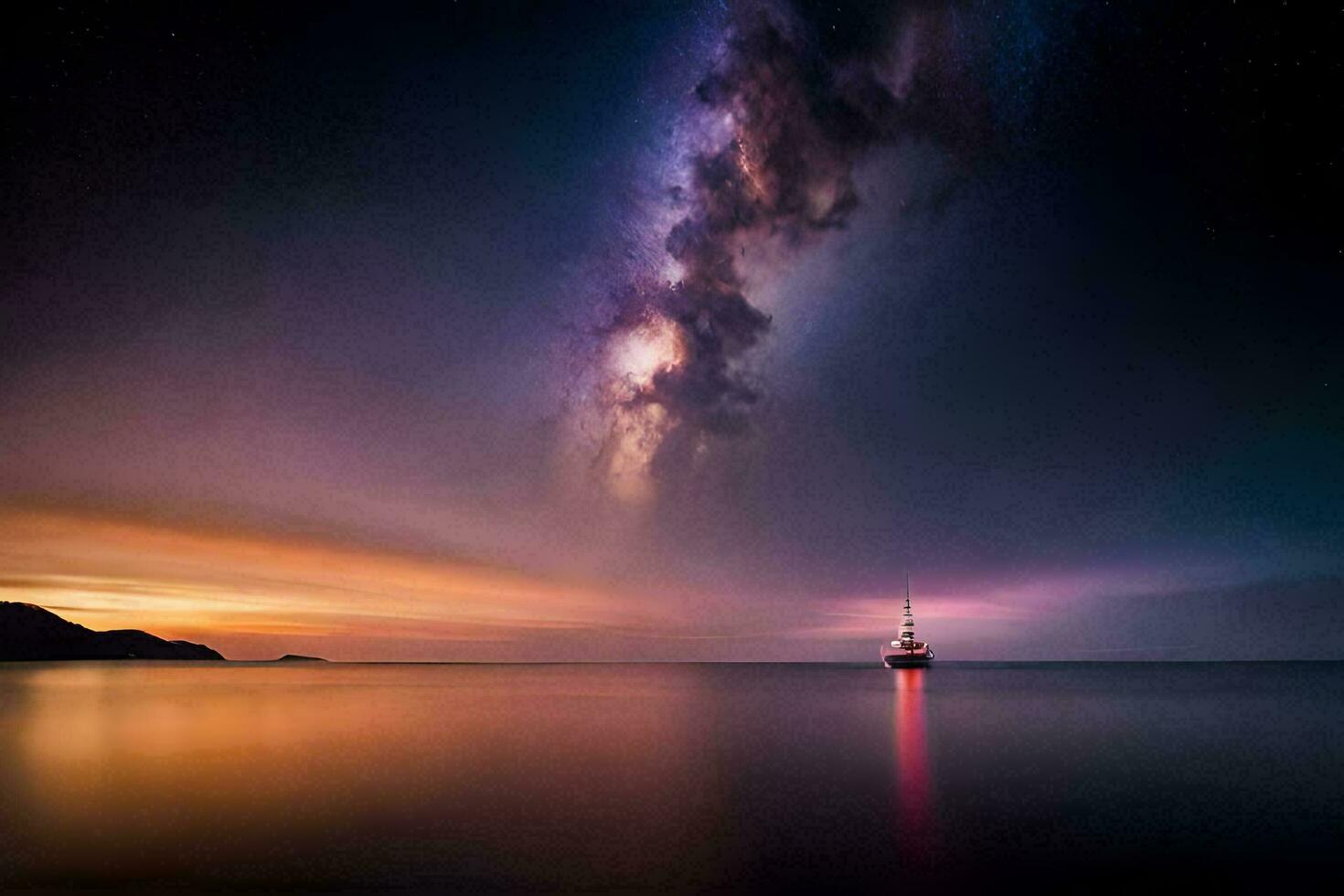 un barco en el Oceano debajo un estrellado cielo. generado por ai foto