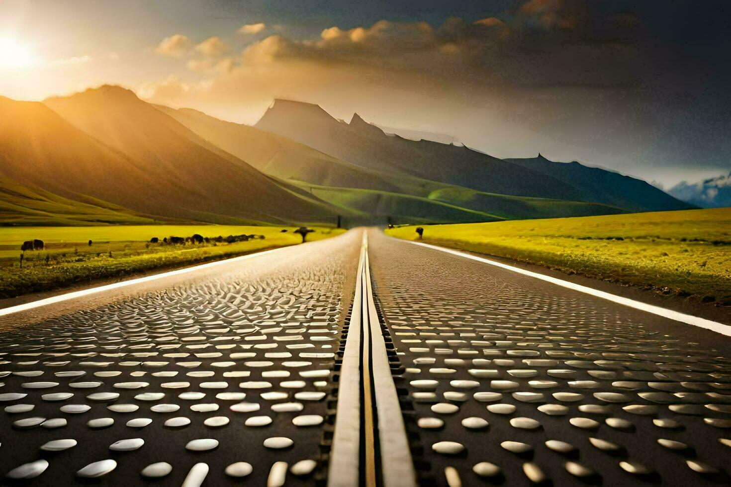 a long road with dots on it in the middle of a field. AI-Generated photo