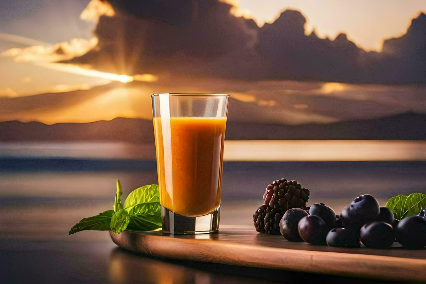 a glass of juice with berries and a sunset in the background. AI-Generated photo