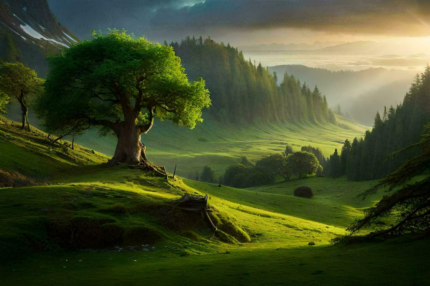 photo wallpaper the sky, trees, mountains, sunset, the sun, trees, the mountains,. AI-Generated