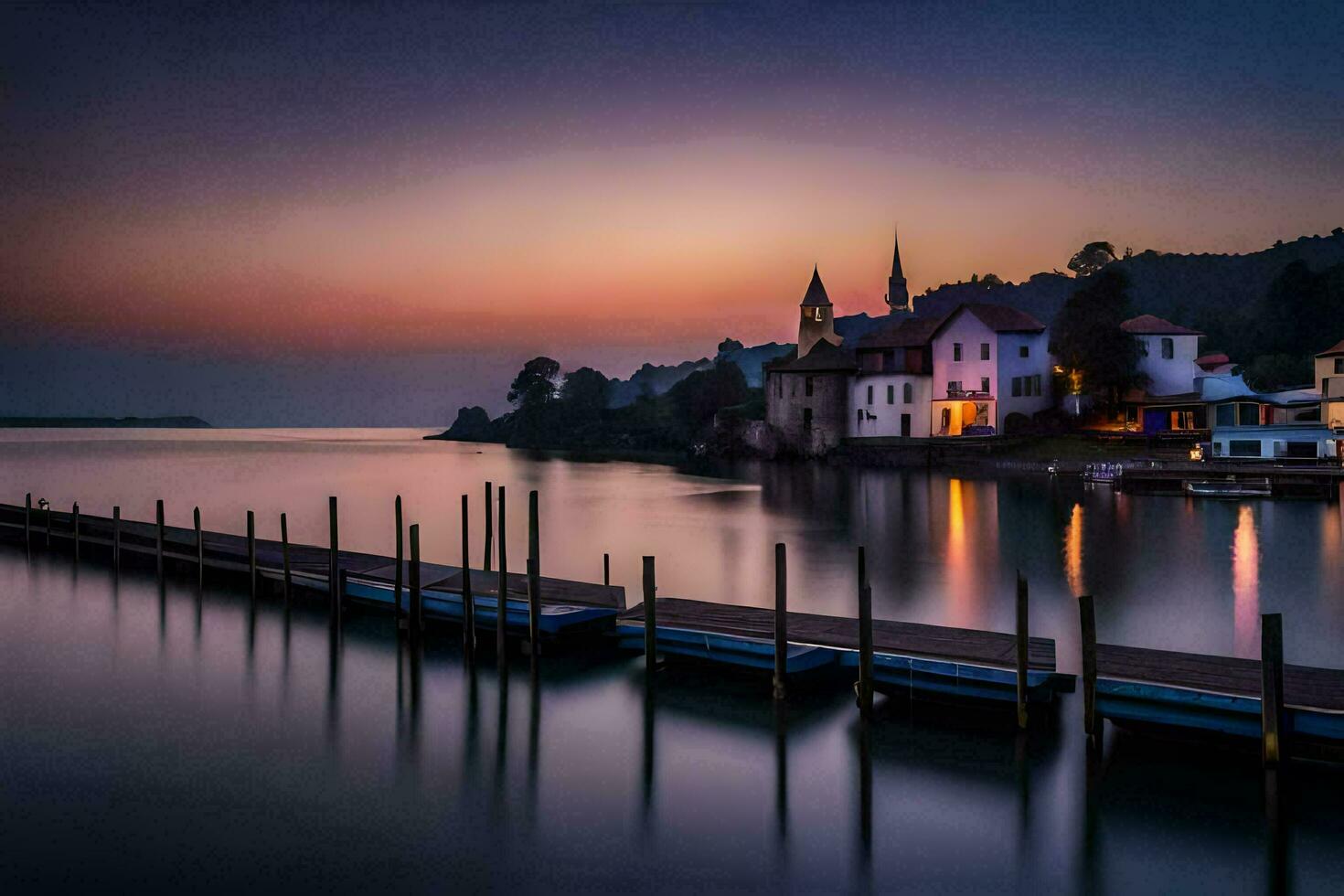 un muelle con casas en eso a puesta de sol. generado por ai foto