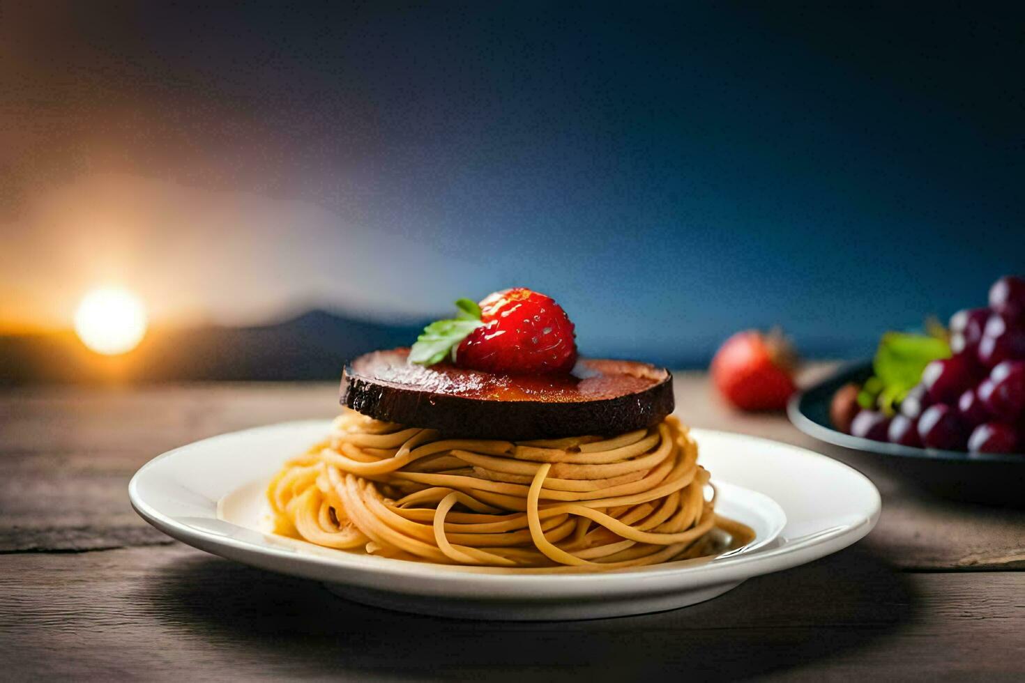 spaghetti with a strawberry and a glass of wine. AI-Generated photo