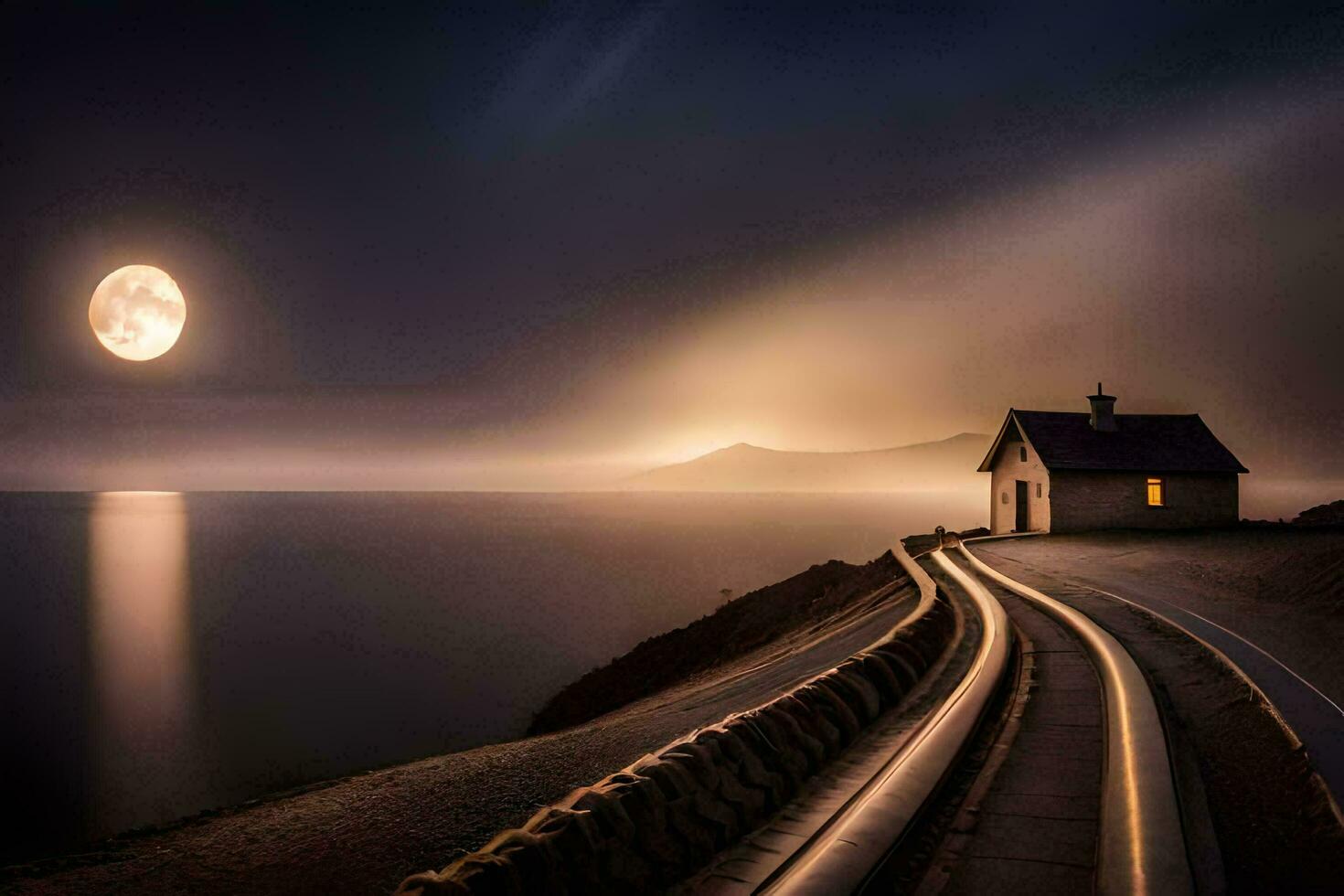 a house on the coast with a full moon. AI-Generated photo