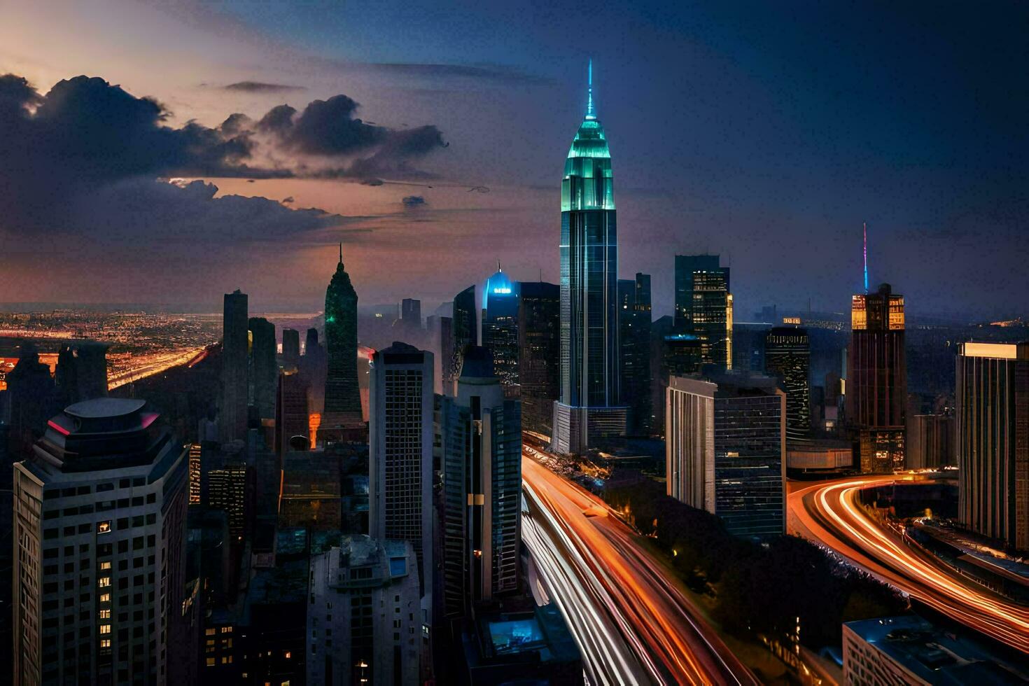 the city skyline at night with traffic lights. AI-Generated photo