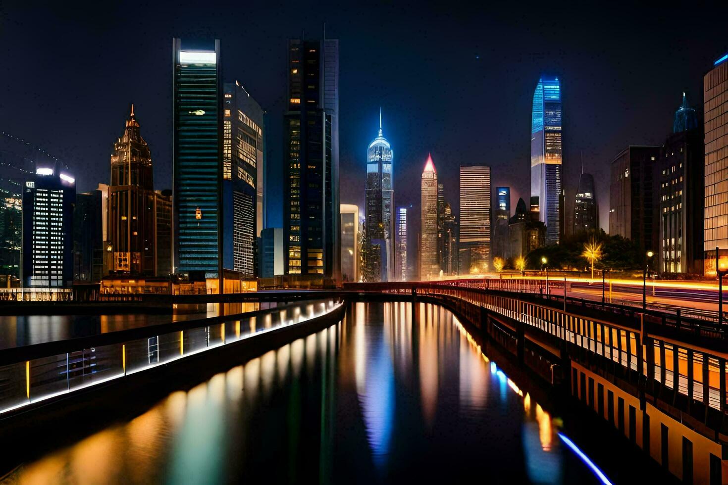 a city skyline at night with lights on the buildings. AI-Generated photo