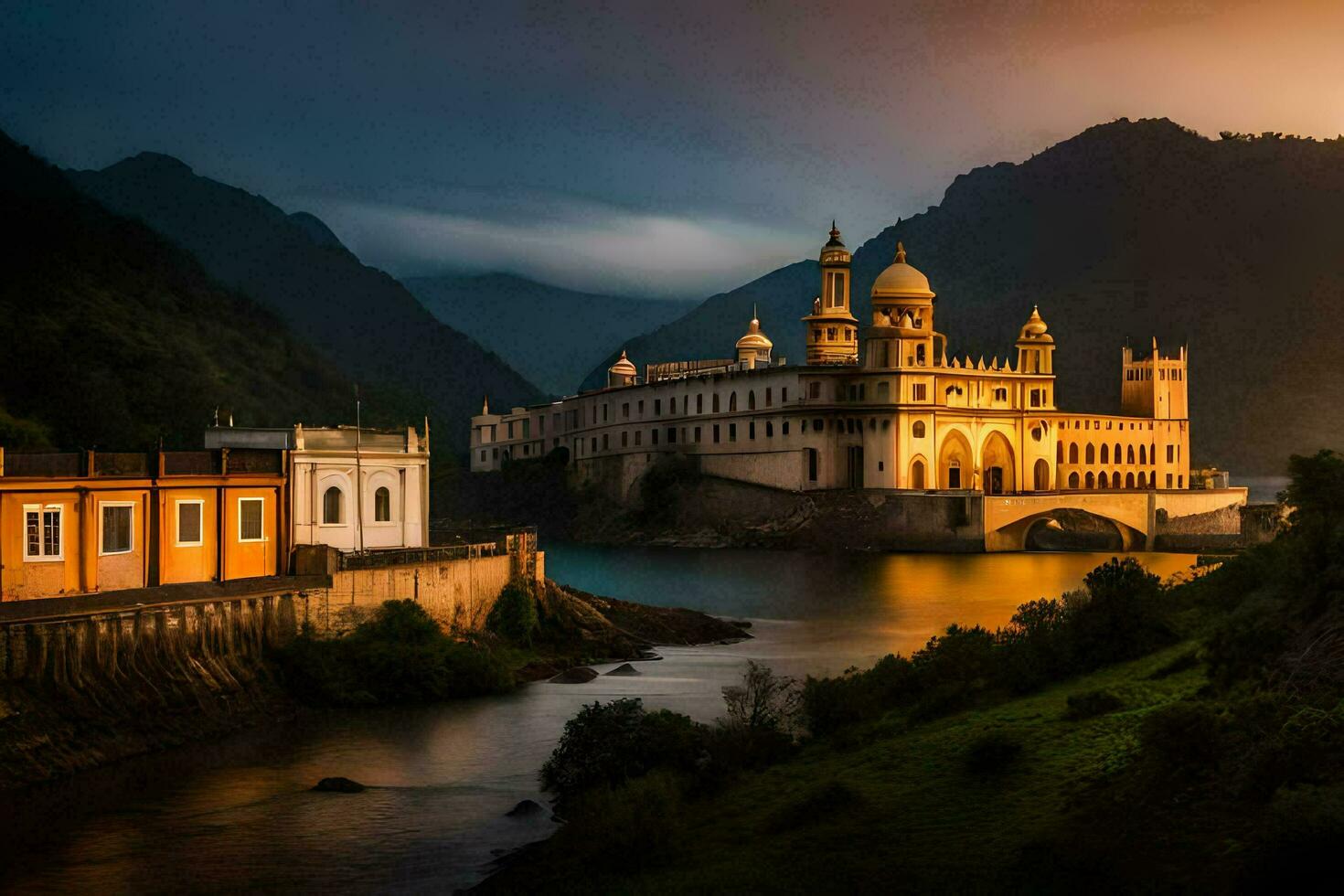 the sun sets over a beautiful palace in the mountains. AI-Generated photo